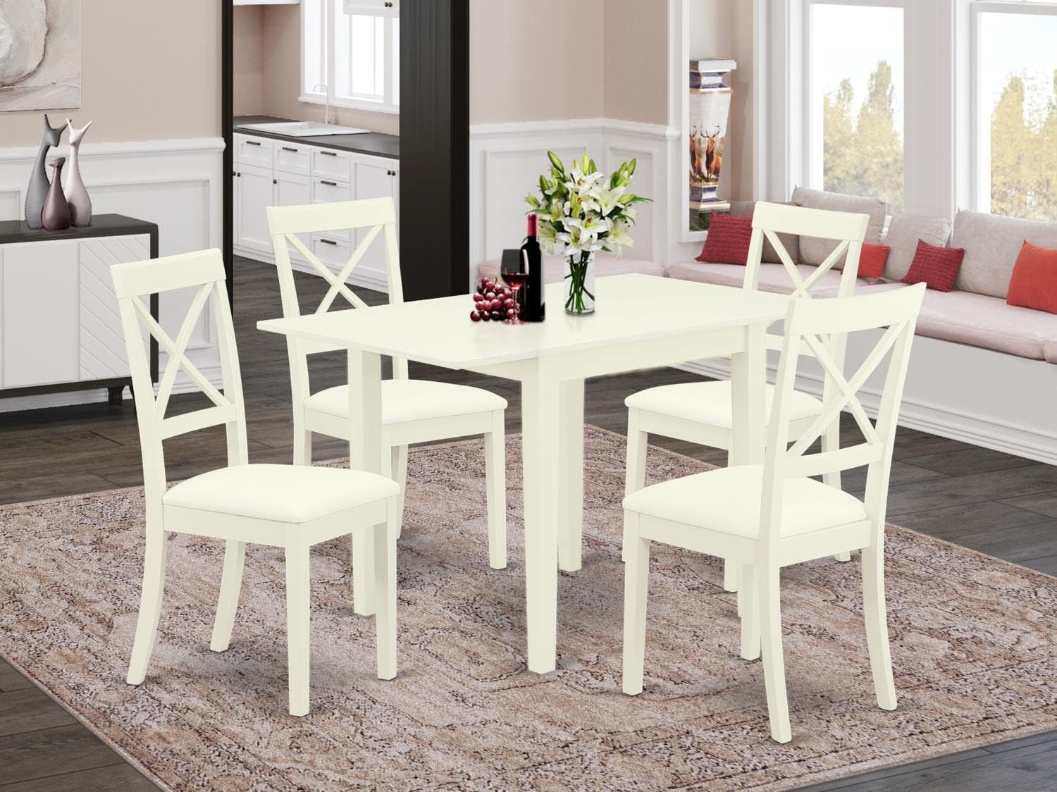 East West Furniture NDBO5-LWH-LC 5-Piece Dinette Set for 4 - Rectangle Drop-Leaf Dining Table & 4 Faux Leather Chairs, 30x48 Inch, Linen White - Perfect for Small Kitchens, Breakfast Nooks & Compact Dining Spaces