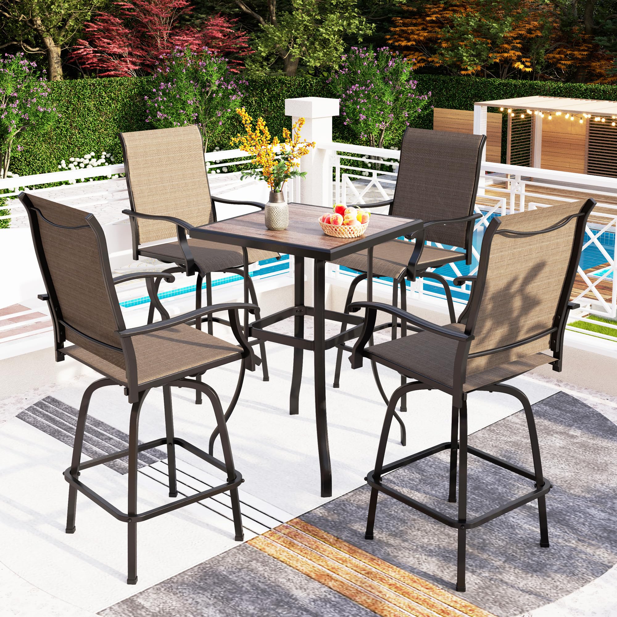 PHI VILLA 5-Piece Outdoor Swivel Bar Set with Table and 4 Bar Stools - Patio Furniture for Backyard, Poolside & Garden Relaxation