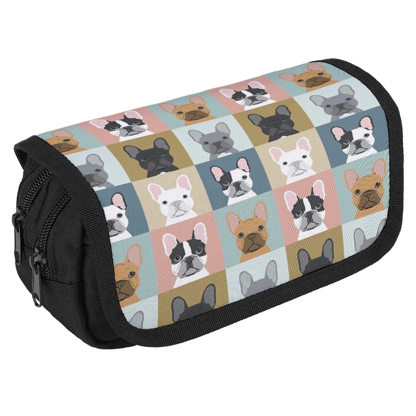 AMRANDOM Large Capacity Zippered Pencil Case - School & Office Organizer for Pens, Pencils, Art Supplies | Compact Makeup Pouch | Cute French Bulldog Design - Perfect for Students, Artists & Office Workers