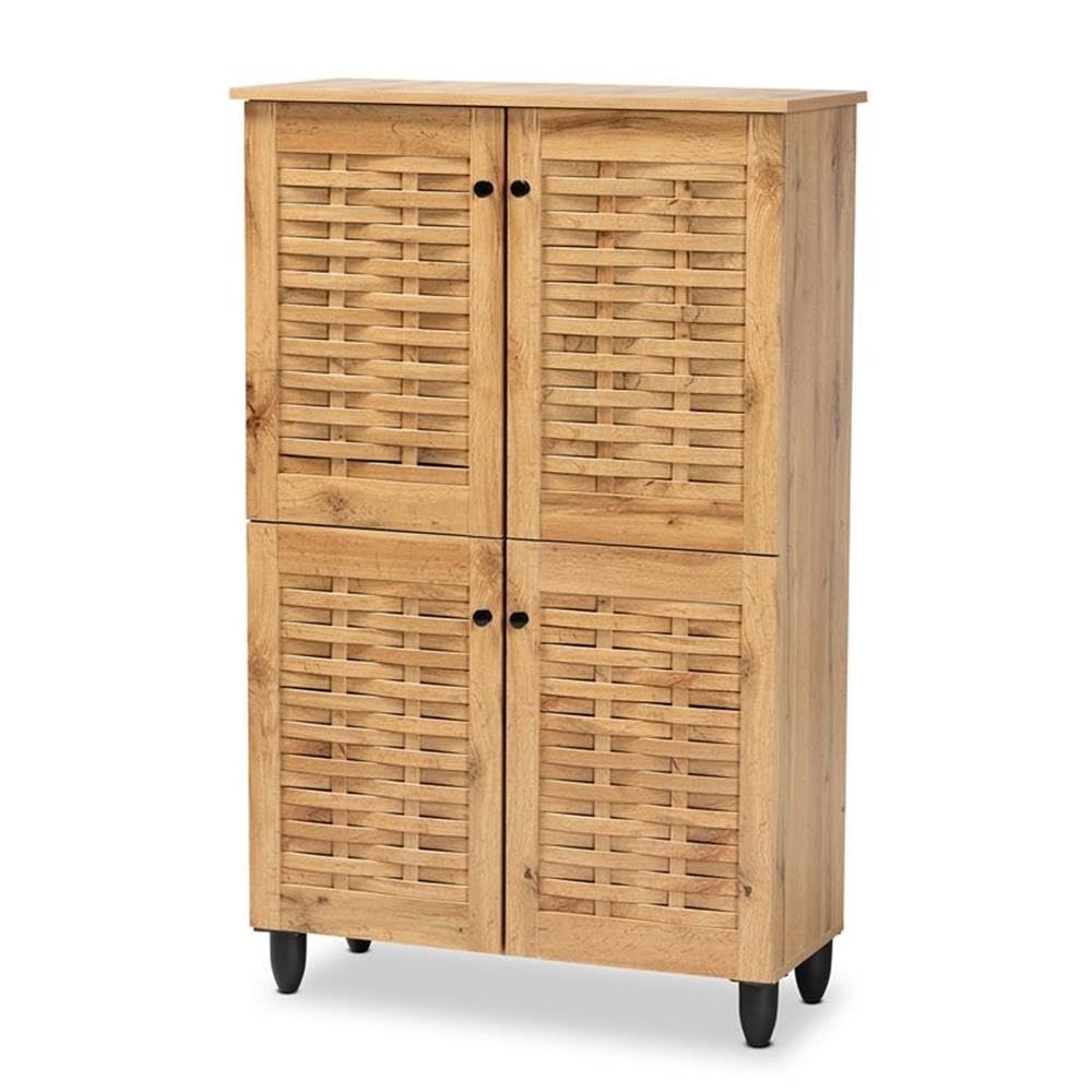 BOWERY HILL Modern Oak Brown Finished Wood 4-Door Shoe Storage Cabinet - Organize Shoes Neatly in Entryway, Closet or Bedroom