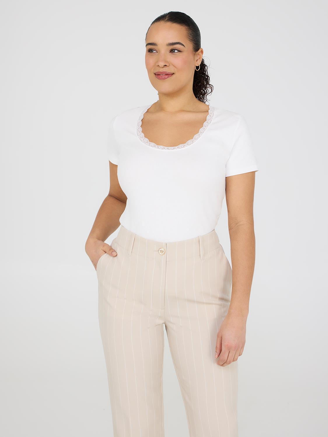 Stylish Lace Trim Scoop Neck Ribbed Top for Women - Soft Stretch Casual Blouse for Everyday Wear & Layering