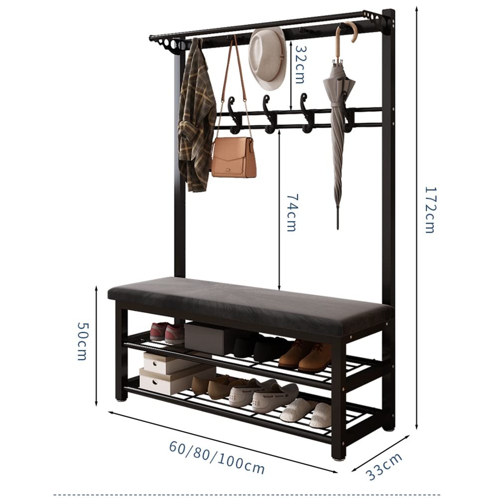 3-in-1 Freestanding Coat Rack with Bench & 10 Hooks - Metal Hall Tree Shoe Storage Organizer for Entryway, Bedroom, Closet - Easy Assembly (100/80/60x33x172cm, Multiple Colors) - Perfect for Small Spaces & Home Organization