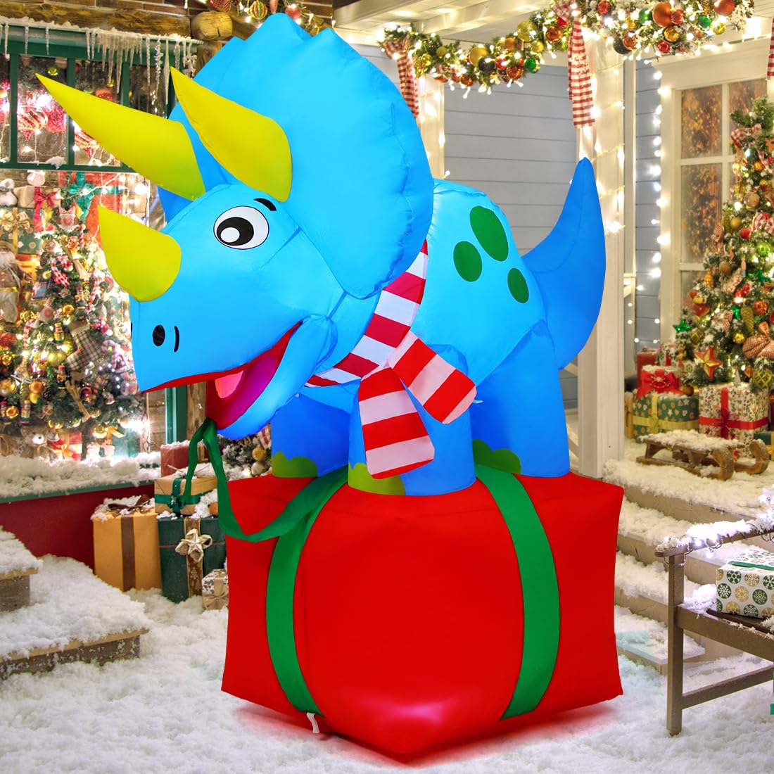 COMIN 5 FT Inflatable Dinosaur Christmas Decor with Built-in LED Lights - Outdoor/Indoor Holiday Yard Lawn Garden Decoration for Xmas Party, Home Decor & Festive Celebrations