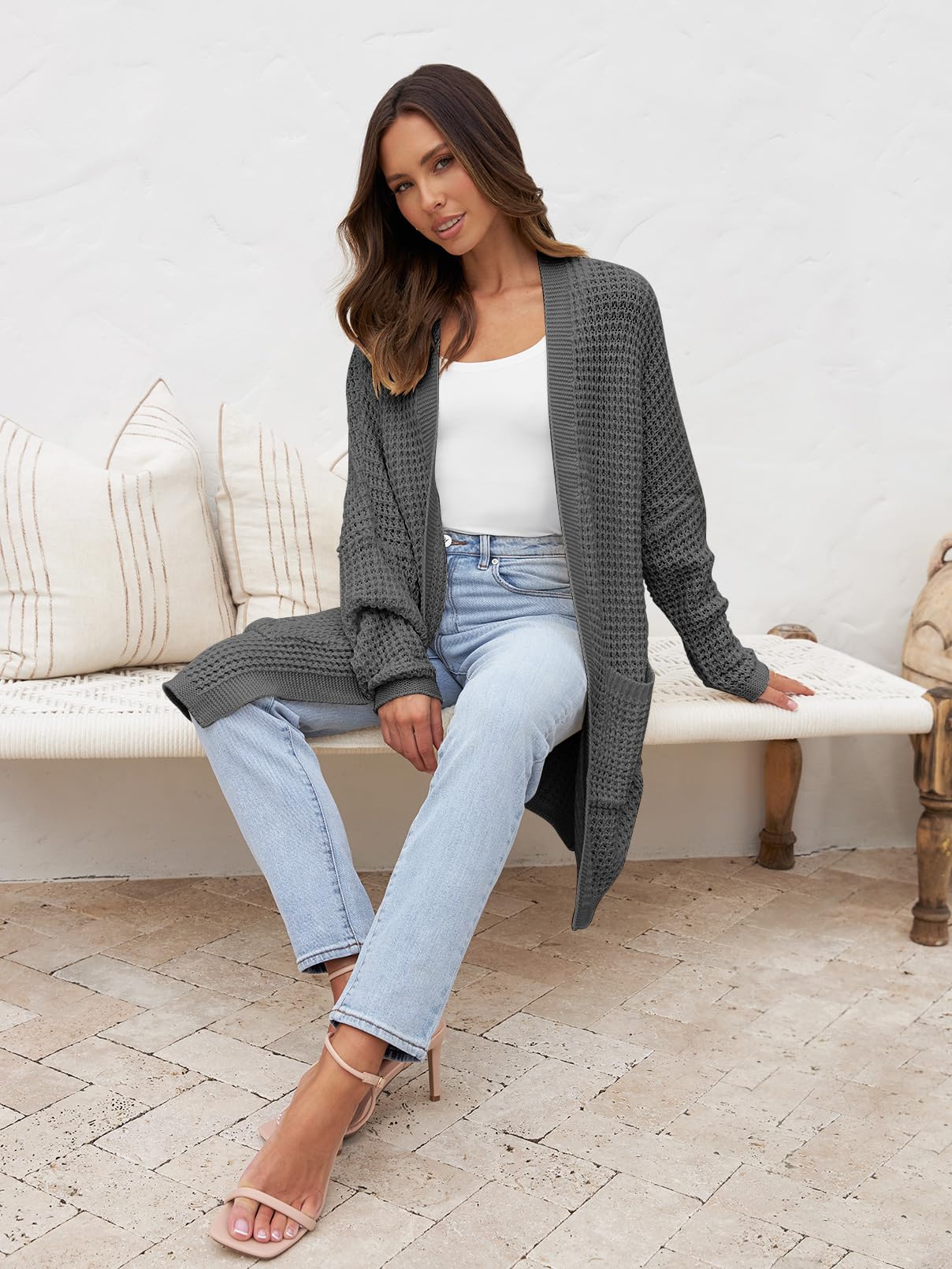 MEROKEETY Women's Oversized Long Cardigan - Batwing Sleeve Waffle Knit Sweater Coat for Fall & Winter | Cozy Lounge Wear, Casual Outfits, Office Style & Layering Essential