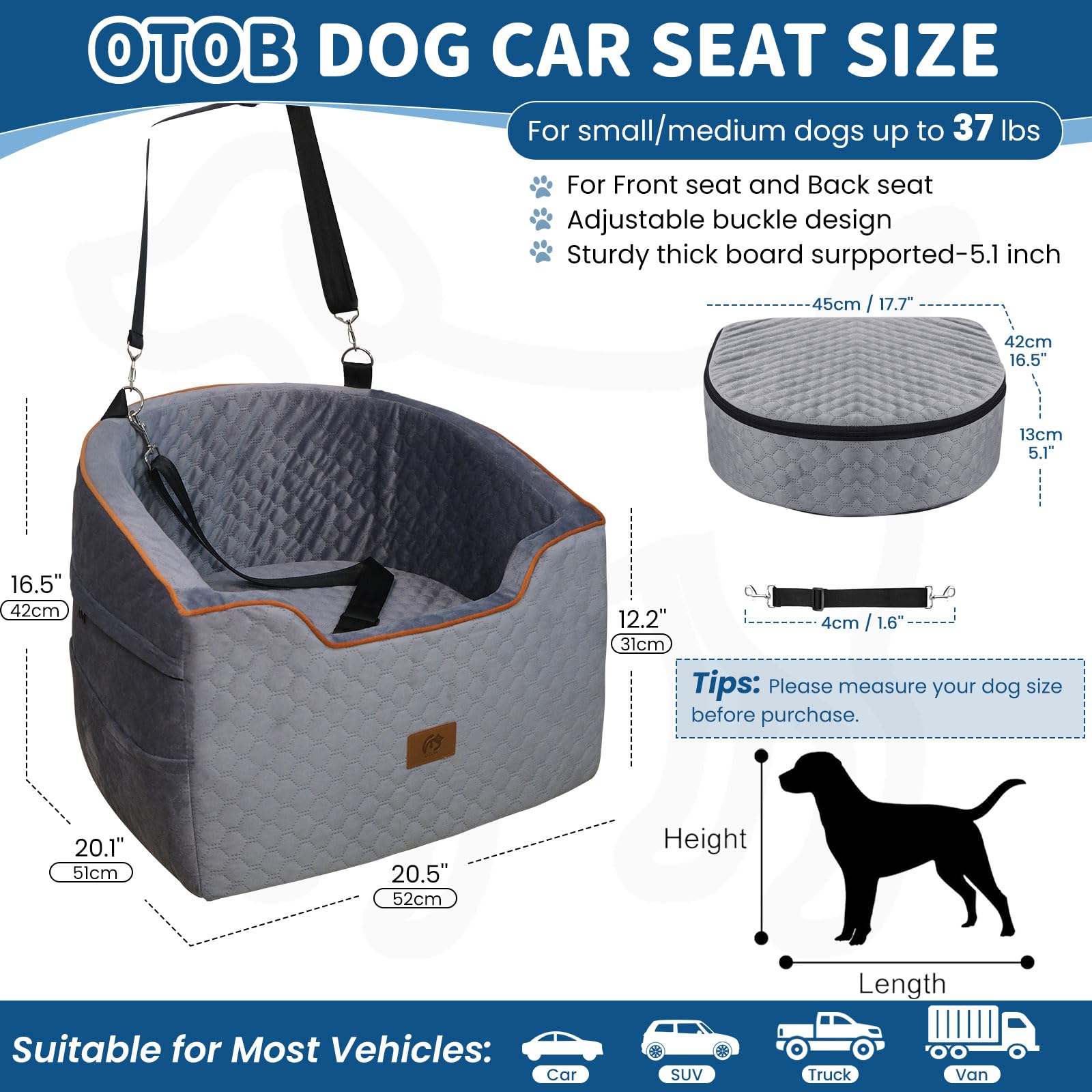 OTOB Dog Car Seat for Small & Medium Dogs Under 37lbs - Washable Memory Foam Pet Booster Seat with Storage Pockets & Safety Belts | Detachable Travel Bed for Car | Perfect for Road Trips & Daily Commutes