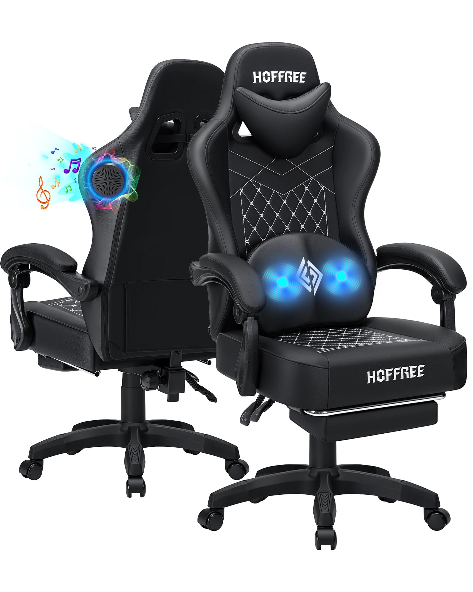 HOFFREE Ergonomic Gaming Chair with Bluetooth Speakers, Massage & Footrest - High Back Reclining Computer Chair for Adults - Perfect for Gaming, Office Work & Home Use - Black