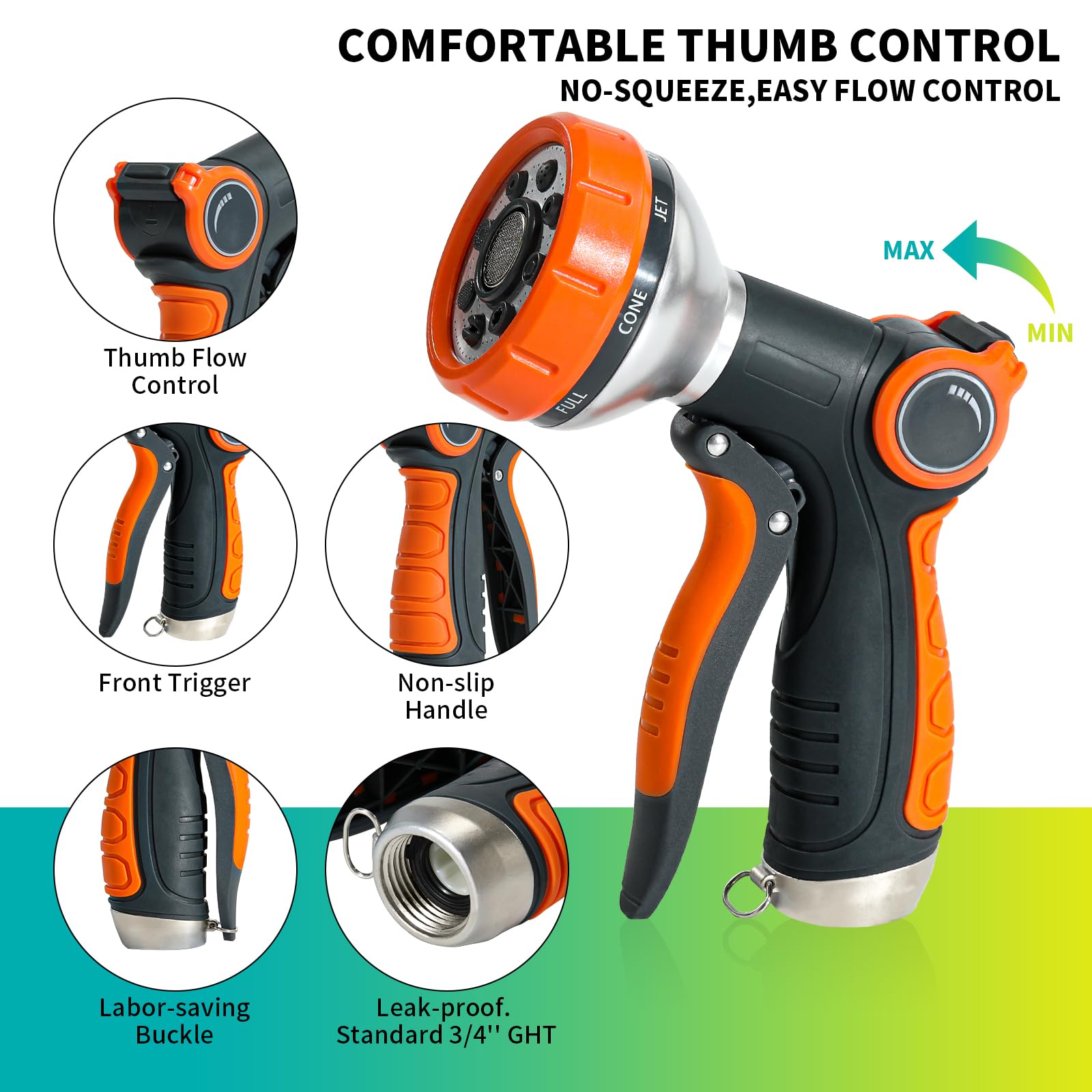 Heavy Duty Water Hose Nozzle with 8 Spray Patterns - Adjustable Thumb Control, Ergonomic Trigger & Quick-Release Buckle - Perfect for Garden Watering, Car Washing, Pet Bathing & Outdoor Cleaning