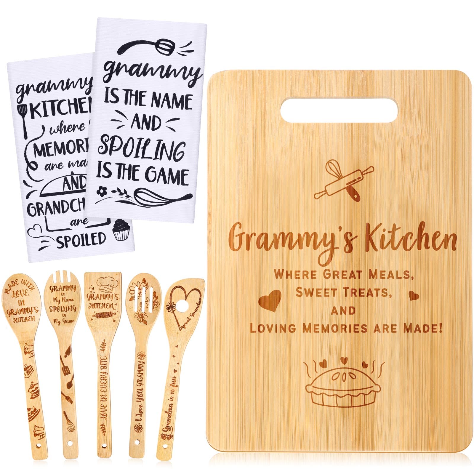 Gerrii 8-Piece Grammy Gift Set - Kitchen Towels, Dish Towels, Bamboo Cooking Spoons & Cutting Board - Perfect for Housewarming, Kitchen Decor & Grammy-Themed Gifts