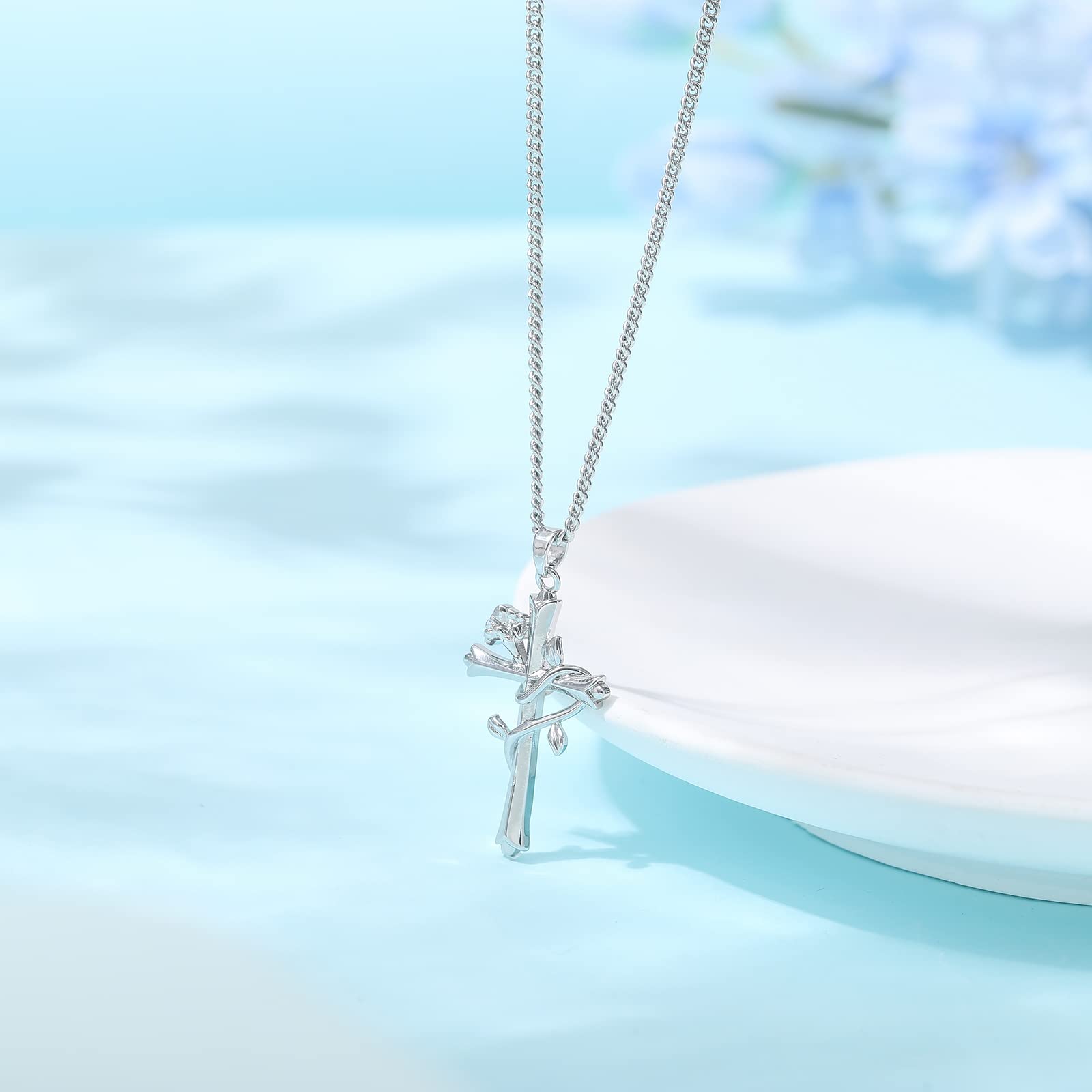 ACECHA Silver Faith Cross Necklace for Women - Birthstone & Birth Flower Pendant Jewelry | Thoughtful Gift for Wife, Teen Girls, Women | Perfect for Birthday, Anniversary & Religious Occasions