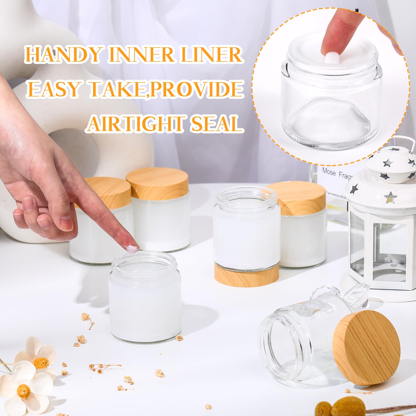 64 Pcs Small Glass Jars with Woodgrain Lids - 4 oz Airtight Cosmetic Containers with Inner Liners | Reusable Empty Jars for DIY Beauty, Travel & Home Storage | Perfect for Creams, Salves, Spices & Crafts