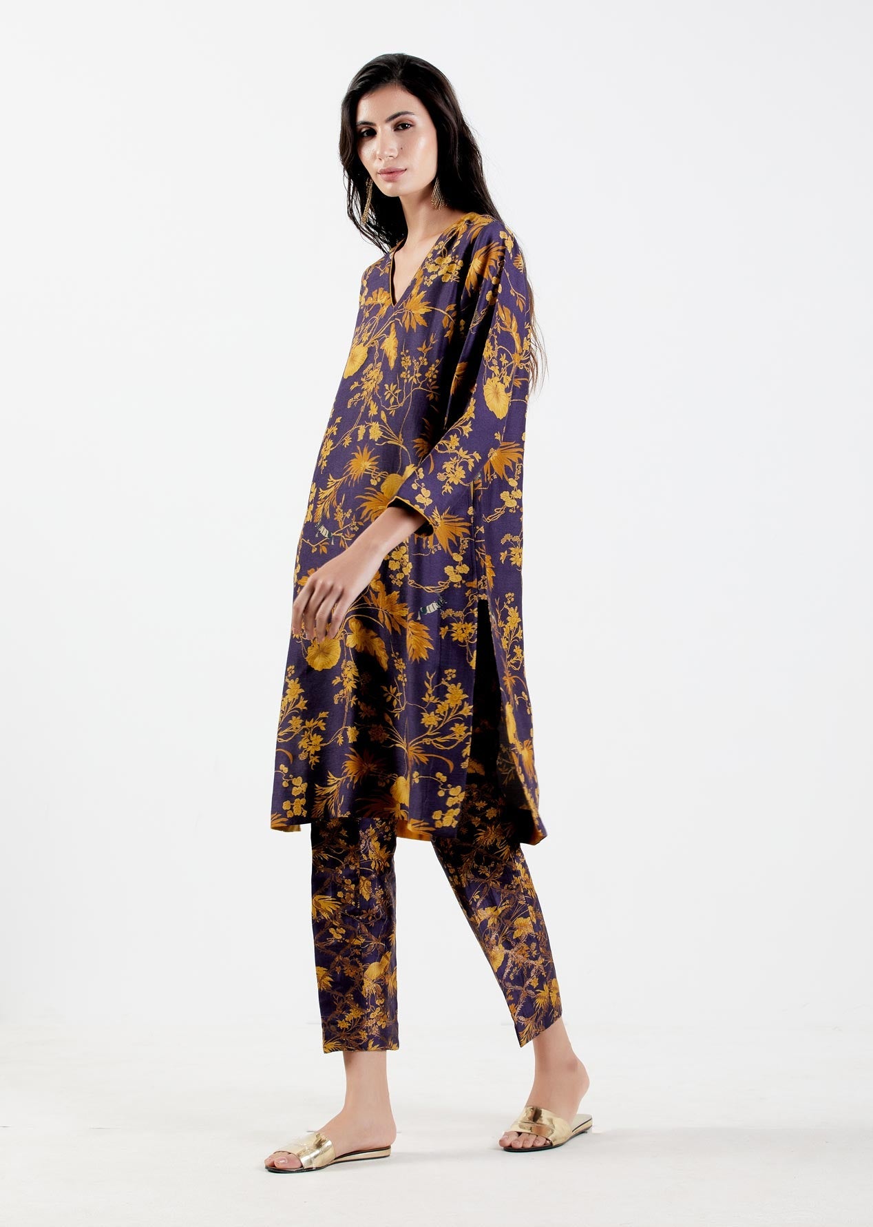 Elegant V Neck Kurta for Women - Premium Muga Satin Gold Embroidered Tunic - Perfect for Festivals, Weddings & Special Occasions