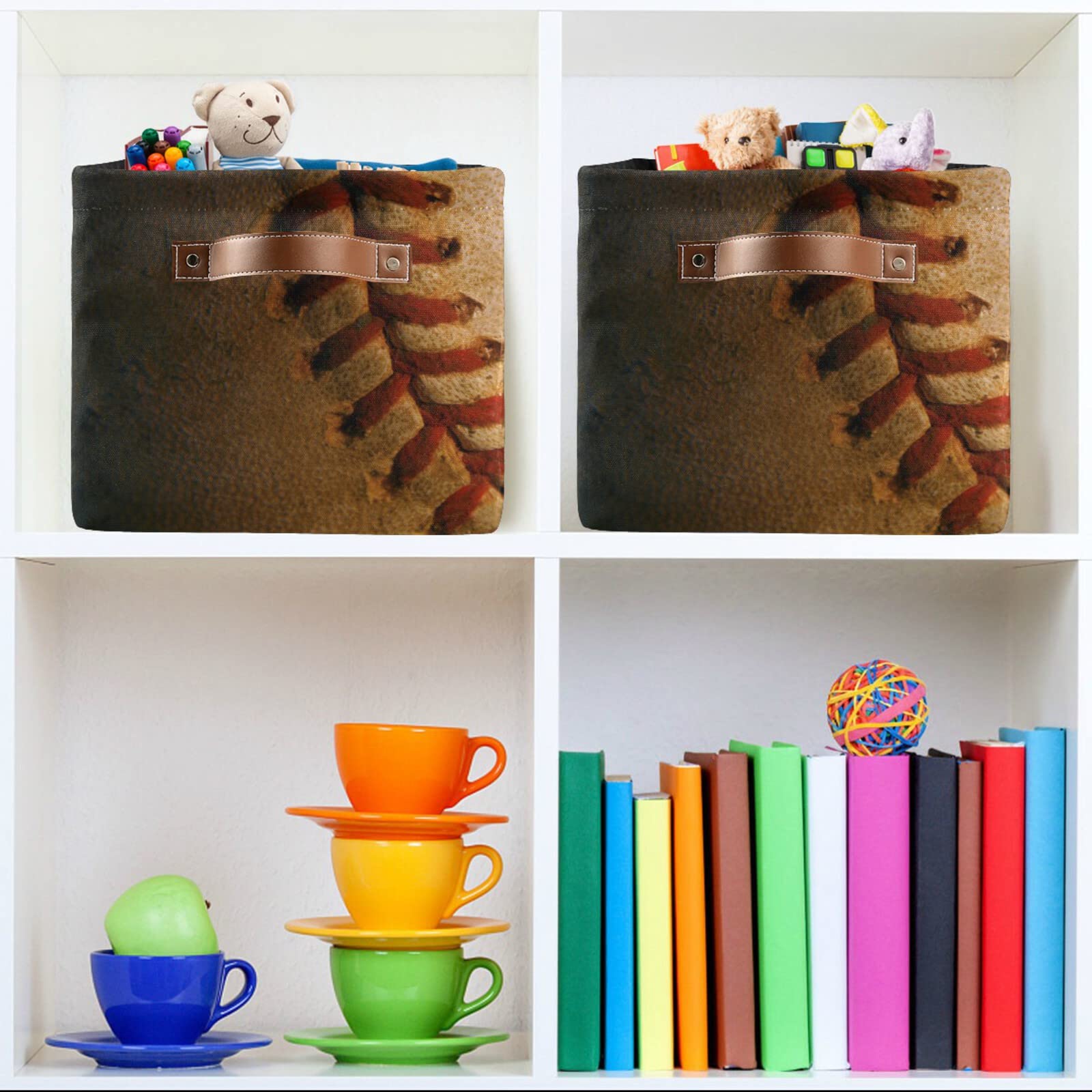 Collapsible Rectangular Storage Basket with Leather Handles - Foldable Organizer Bin for Baseball Gear, Office Supplies & Home Shelves | Perfect for Sports Equipment Storage & Clutter Organization