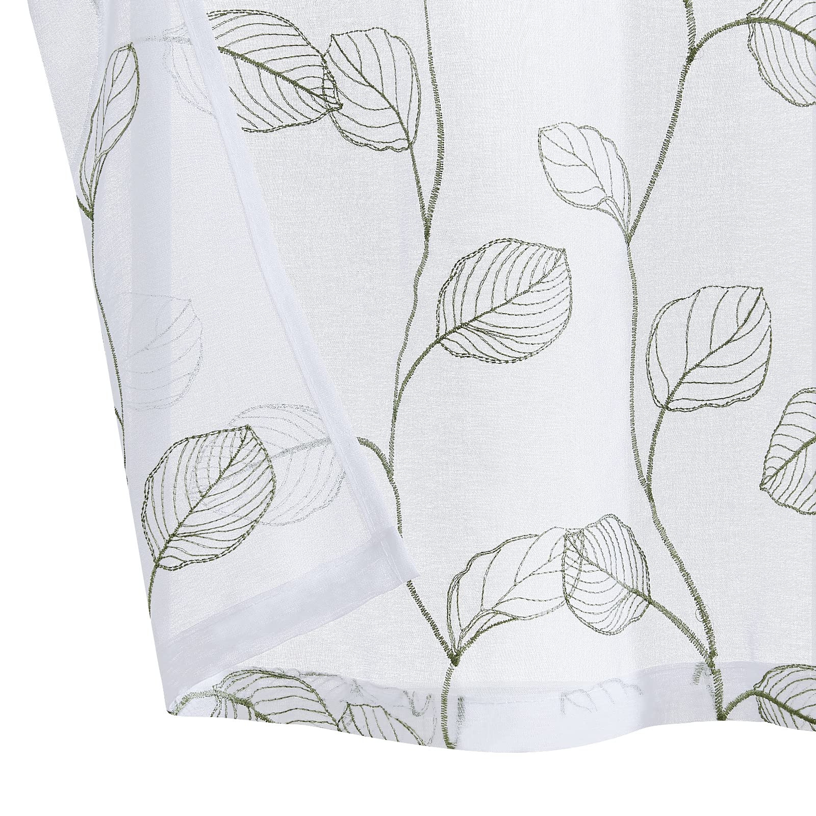 White Sage Green Leaf Embroidered Semi-Sheer Cafe Curtains - 45 Inch Rod Pocket, 2 Panels for RV, Camper & Half Windows | Boho Kitchen, Living Room & Bedroom Decor