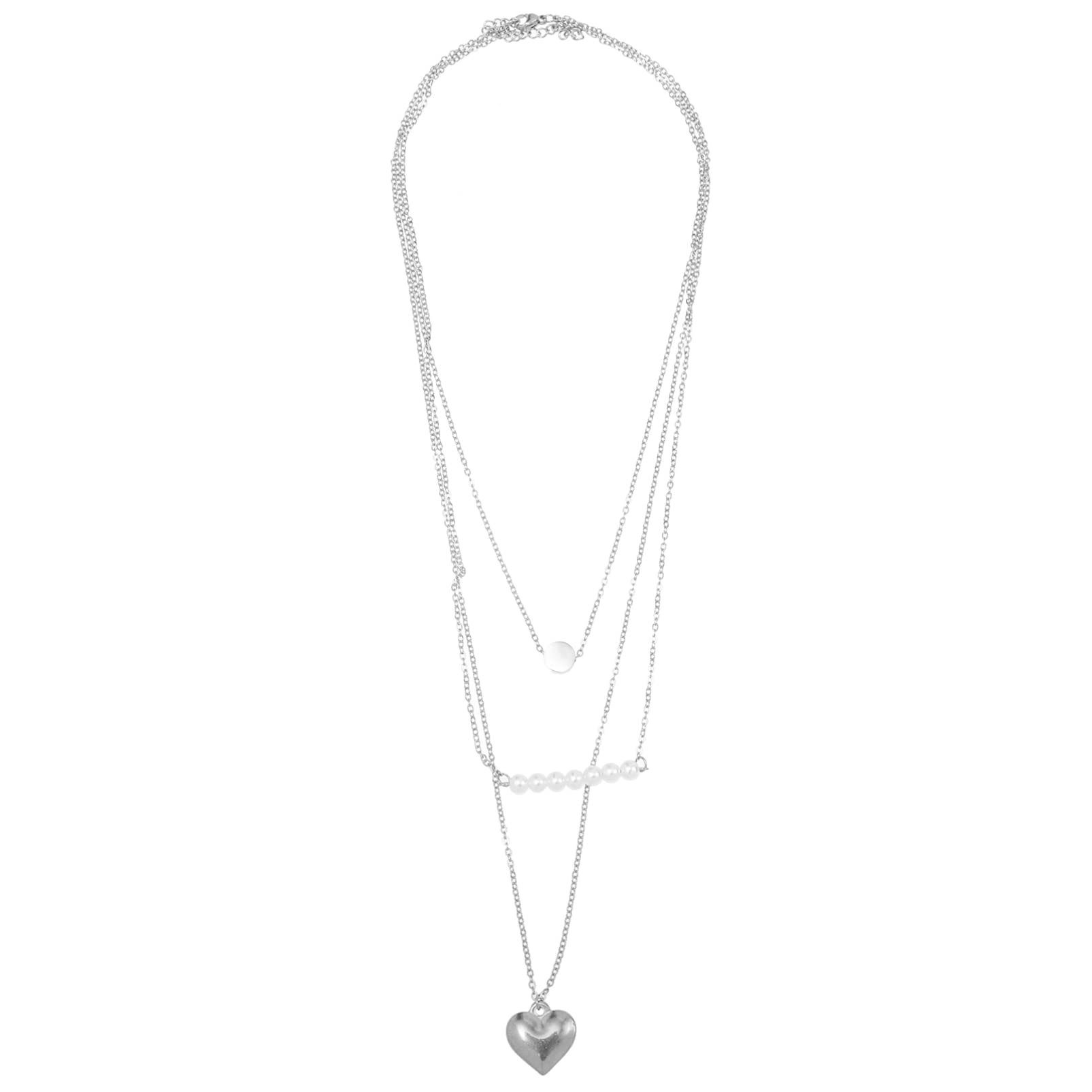 Silver Layered Necklace for Women - Boho Pearl Heart Charm Jewelry Gift for Daily Wear