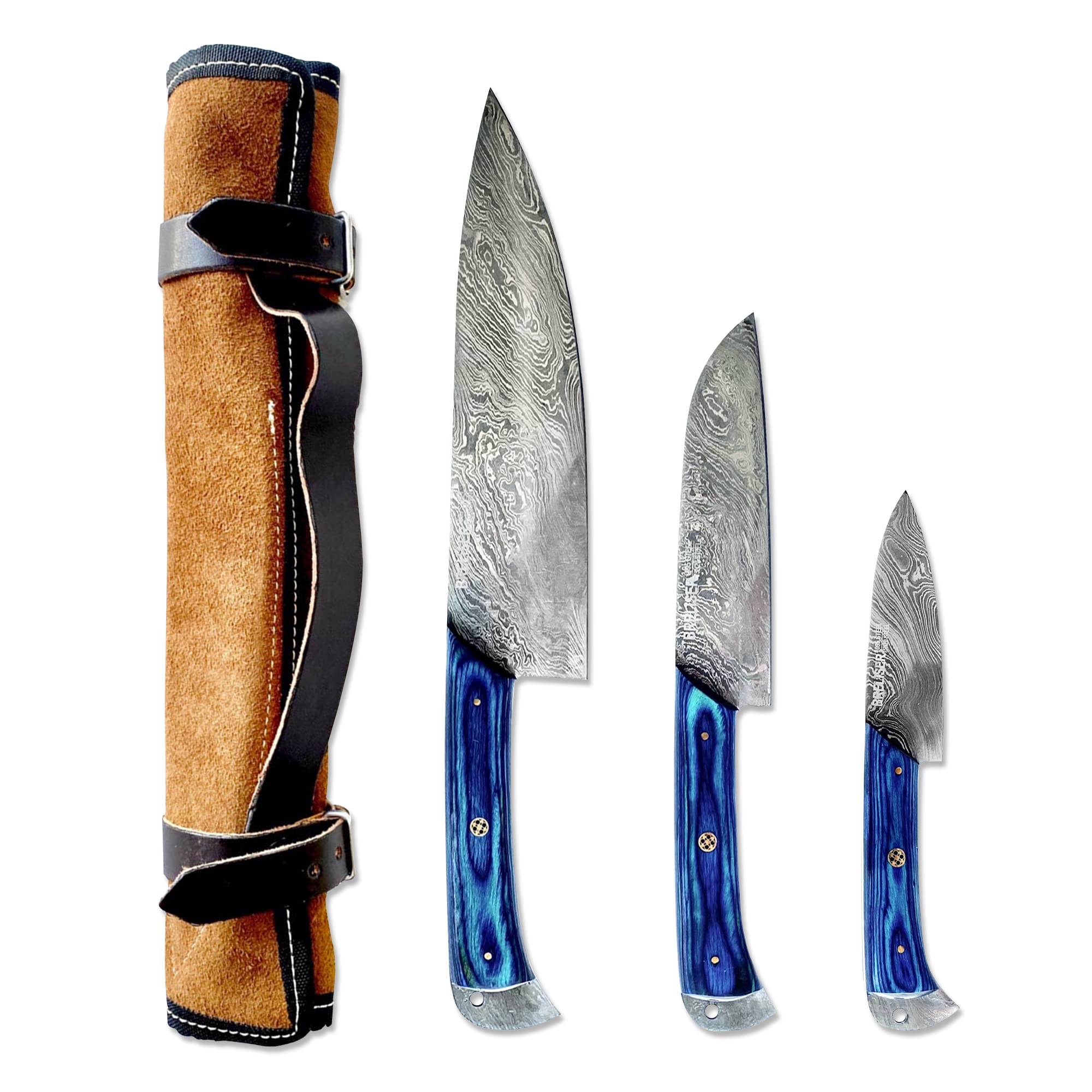 Premium 3-Piece Damascus Steel Kitchen Knife Set - Professional Chef Knife, Santoku & Paring Knife with Blue Pakkawood Handles - Perfect for Home Cooking, Professional Chefs & Gift Giving