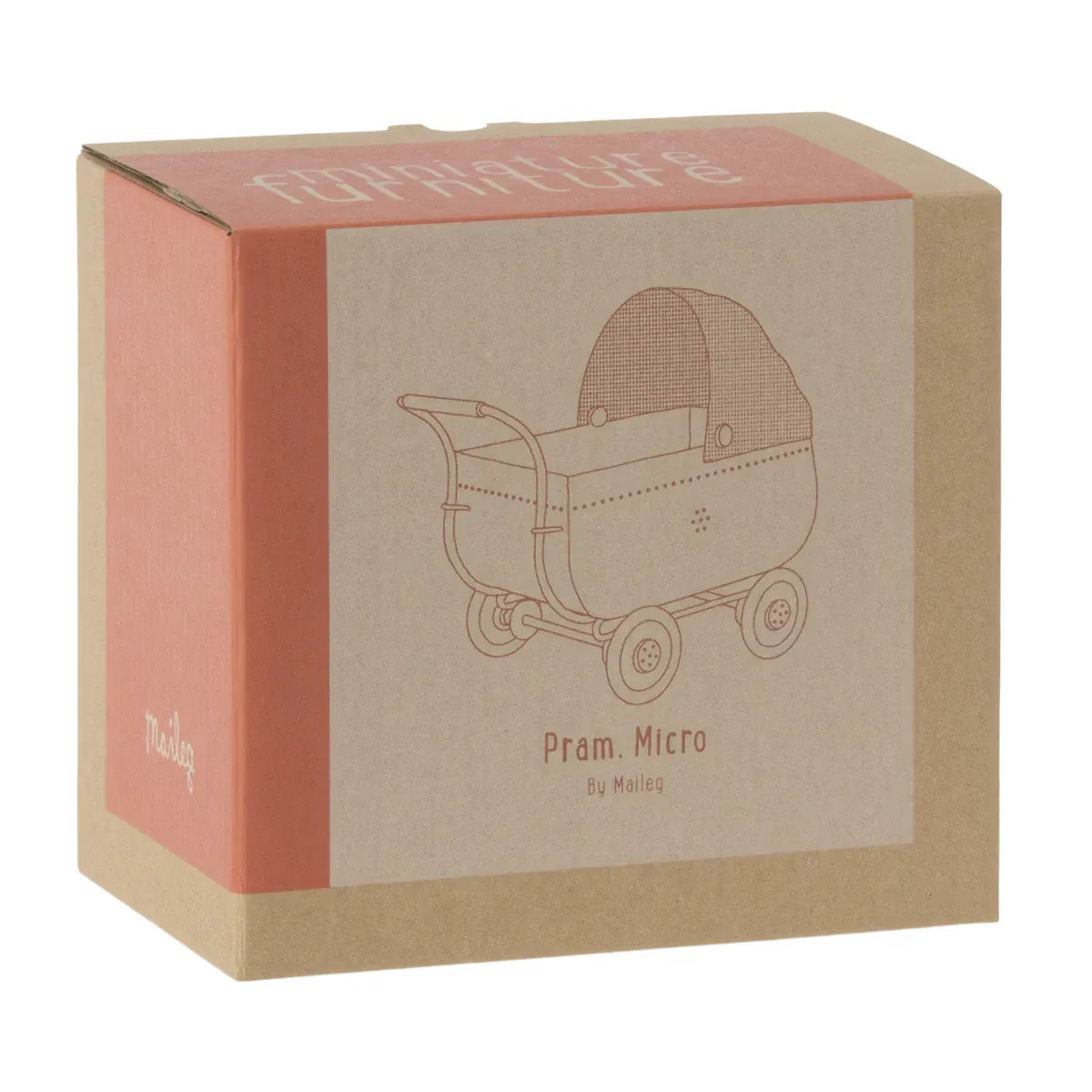 Maileg Micro Pram Doll Stroller in Coral Pink - Perfect for Pretend Play, Doll Accessories & Toddler Role-Playing Games
