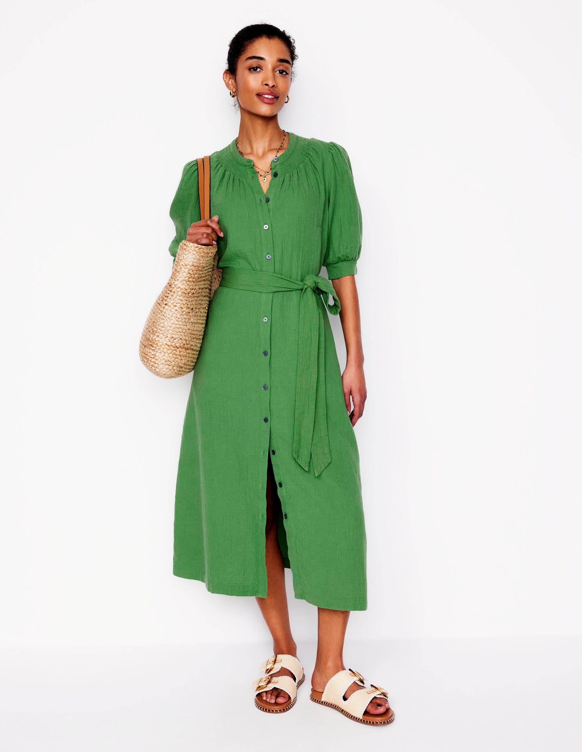 Ada Double Cloth Midi Dress - Paradise Green Floral Print Summer Dress for Women | Perfect for Beach Vacation, Garden Party & Casual Outings