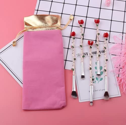 5-Piece Rose Gold Beauty and The Beast Inspired Rose Flower Shape Makeup Brush Set with Gift Bag - Perfect for Eyeshadow Blending & Daily Makeup Application (Ideal for Professional Artists & Home Use)