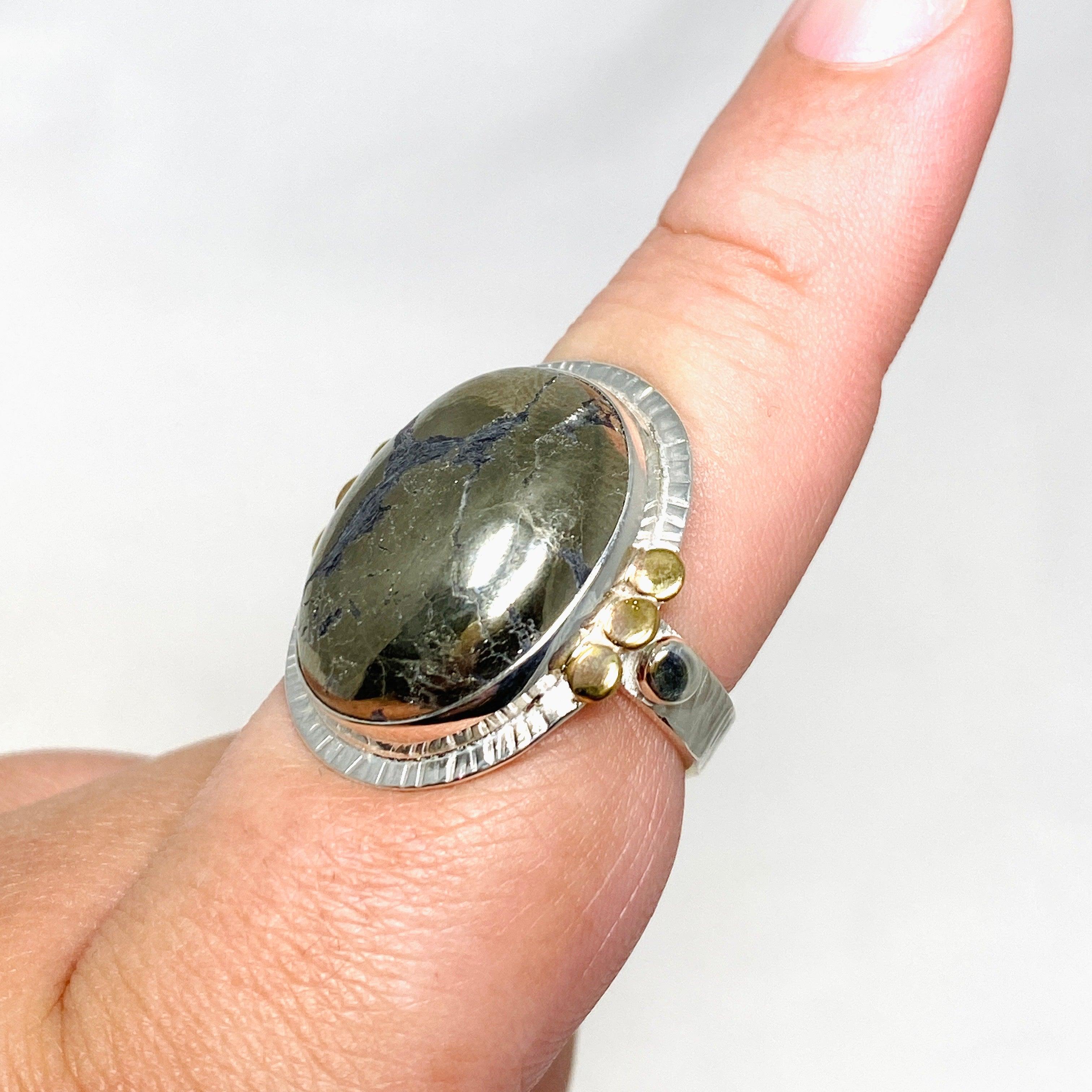 Healer's Gold Oval Ring with Brass Accents - Size 9 KRGJ3195 - Perfect for Spiritual Healing, Meditation & Boho Fashion