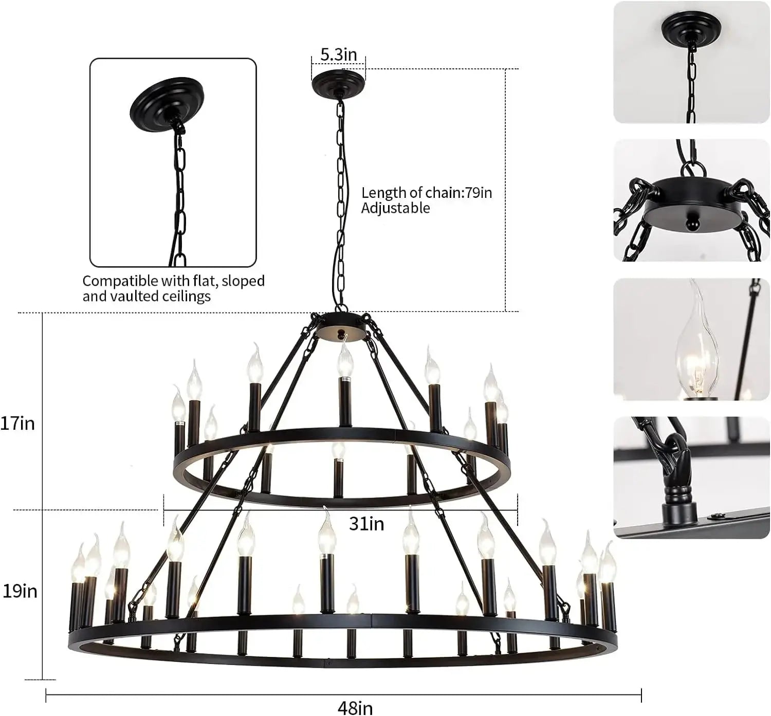 Rustic 48 Inch 2-Tier Wagon Wheel Chandelier - Farmhouse Lighting Fixture for Dining Room, Living Room & Cabin Decor