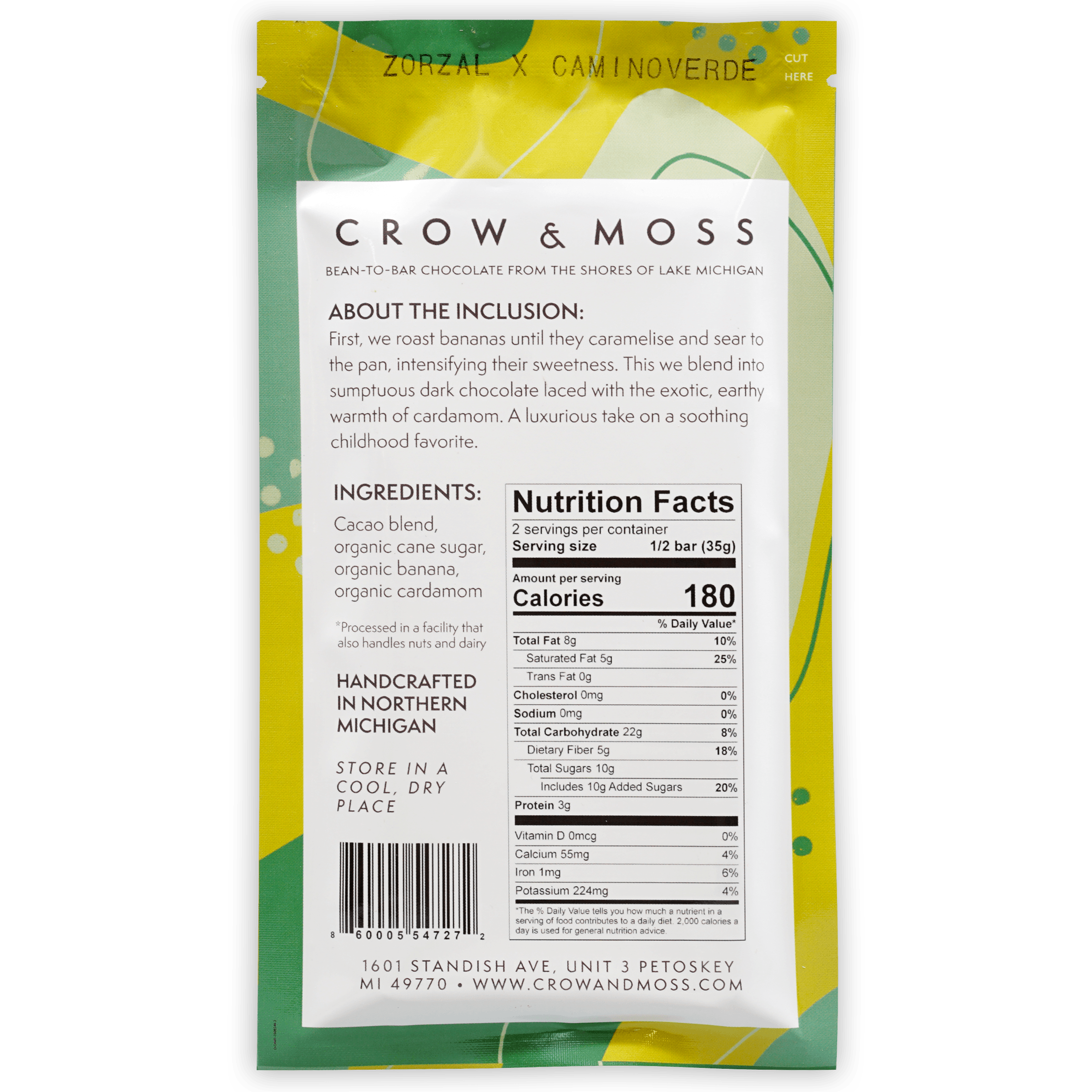Crow & Moss Banana & Cardamom Brulee 65% Dark Chocolate Bar - Gourmet Artisan Chocolate for Gifting & Dessert Pairing