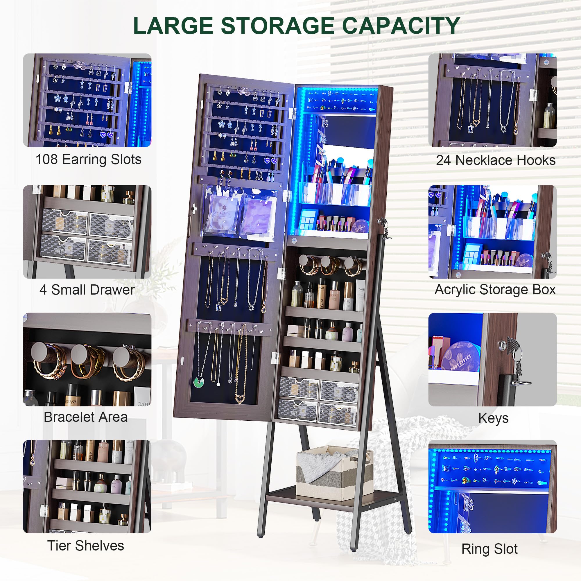 HNEBC LED Mirror Jewelry Cabinet with Lock - Full Length Standing Jewelry Armoire Organizer with Adjustable Lights & Storage | Perfect Christmas Gift for Women | Ideal for Bedroom, Dressing Room & Vanity (B-Brown)