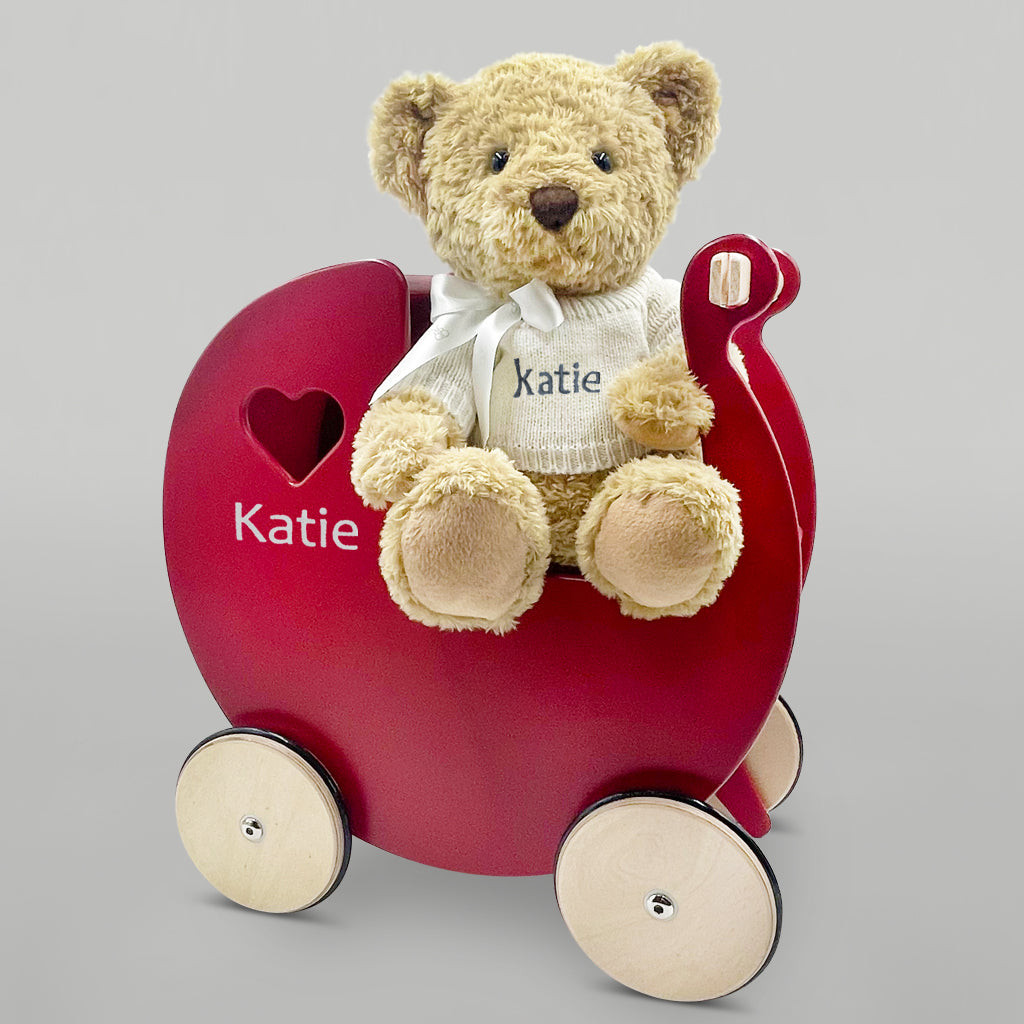 Personalized Red Wooden Baby Pram with Bernard Bear - Perfect for Newborn Gifts & Nursery Decor