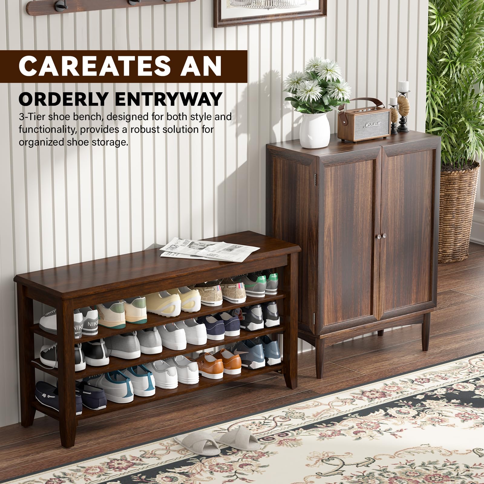 Rubberwood Shoe Bench with 3-Tier Adjustable Storage - 31.5