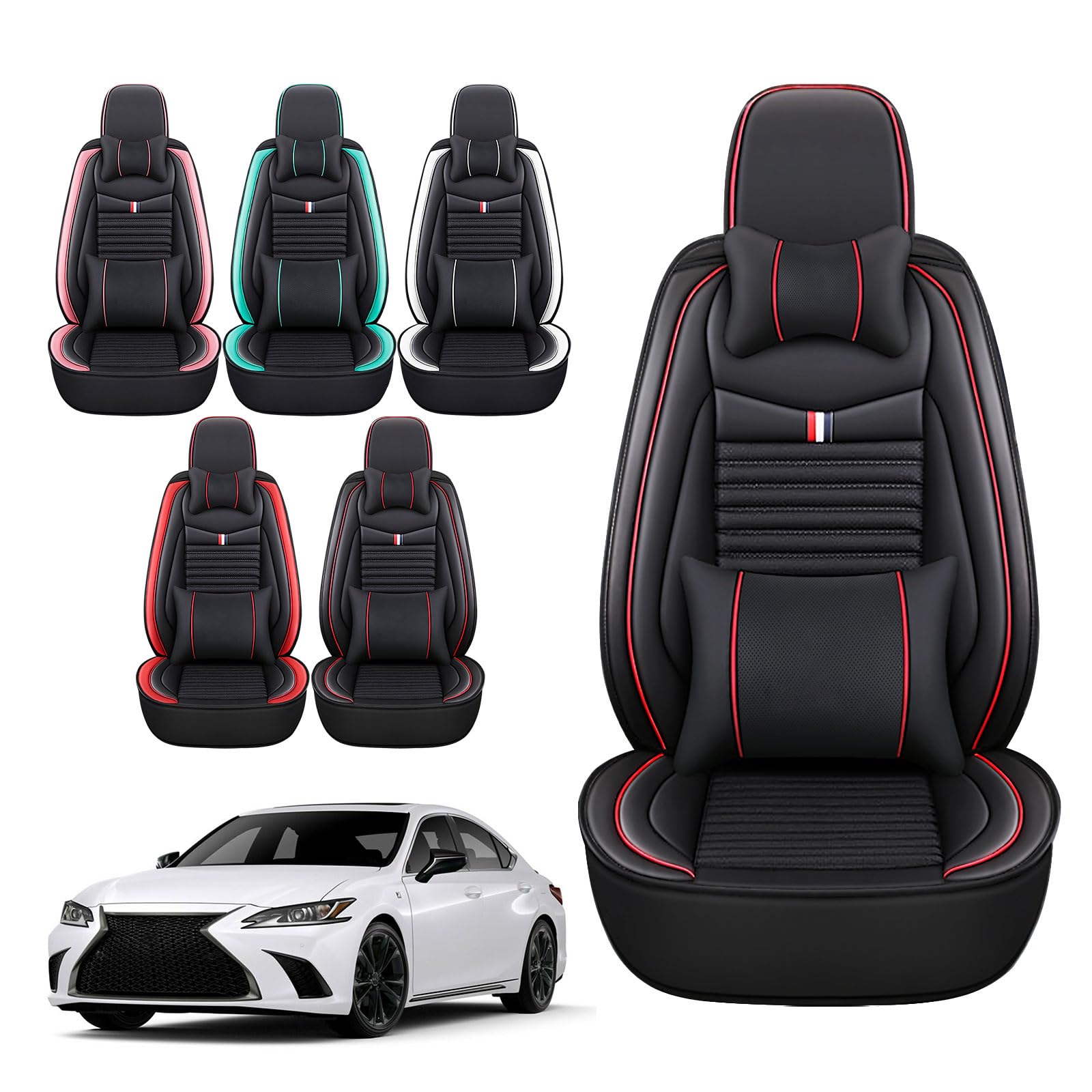 Premium Leather Car Seat Covers for Lexus ES 330 2004-2006 - Universal Anti-Slip Design Fits Most Cars, Sedans, SUVs & Trucks (Black Red Bars) - Perfect for Road Trips, Commuting & Protecting Your Vehicle Interior