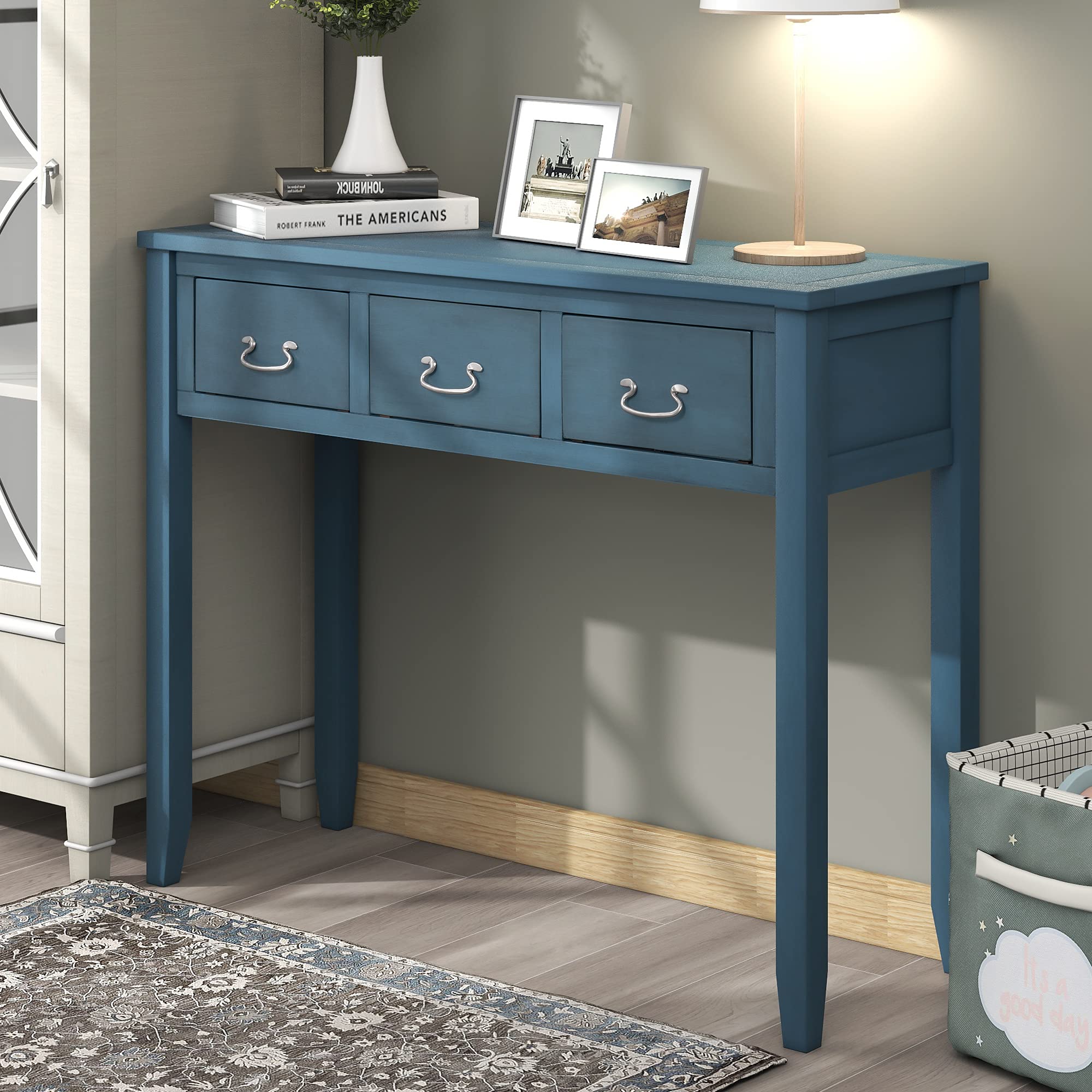 Modern Retro Style Console Table with 3 Storage Drawers - Solid Wood Sofa Table, Entryway Sideboard & Hallway Buffet Table for Living Room - Navy Blue (Perfect for Small Spaces & Home Decor)