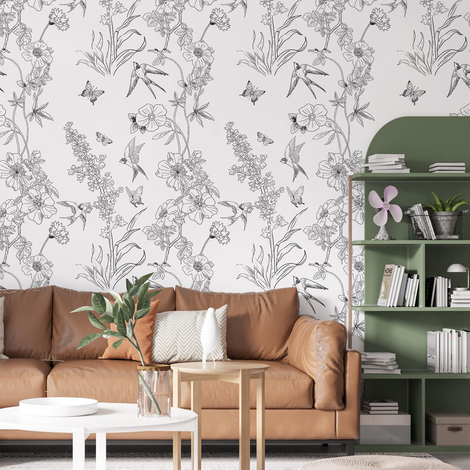 Modern Black and White Floral Peel and Stick Wallpaper - Removable Self-Adhesive Vinyl Contact Paper 17.3” x 120” - Birds Sketch Design for Bedroom, Living Room, Cabinets & Shelf Liner - Easy Home Decor Upgrade for Walls & Furniture