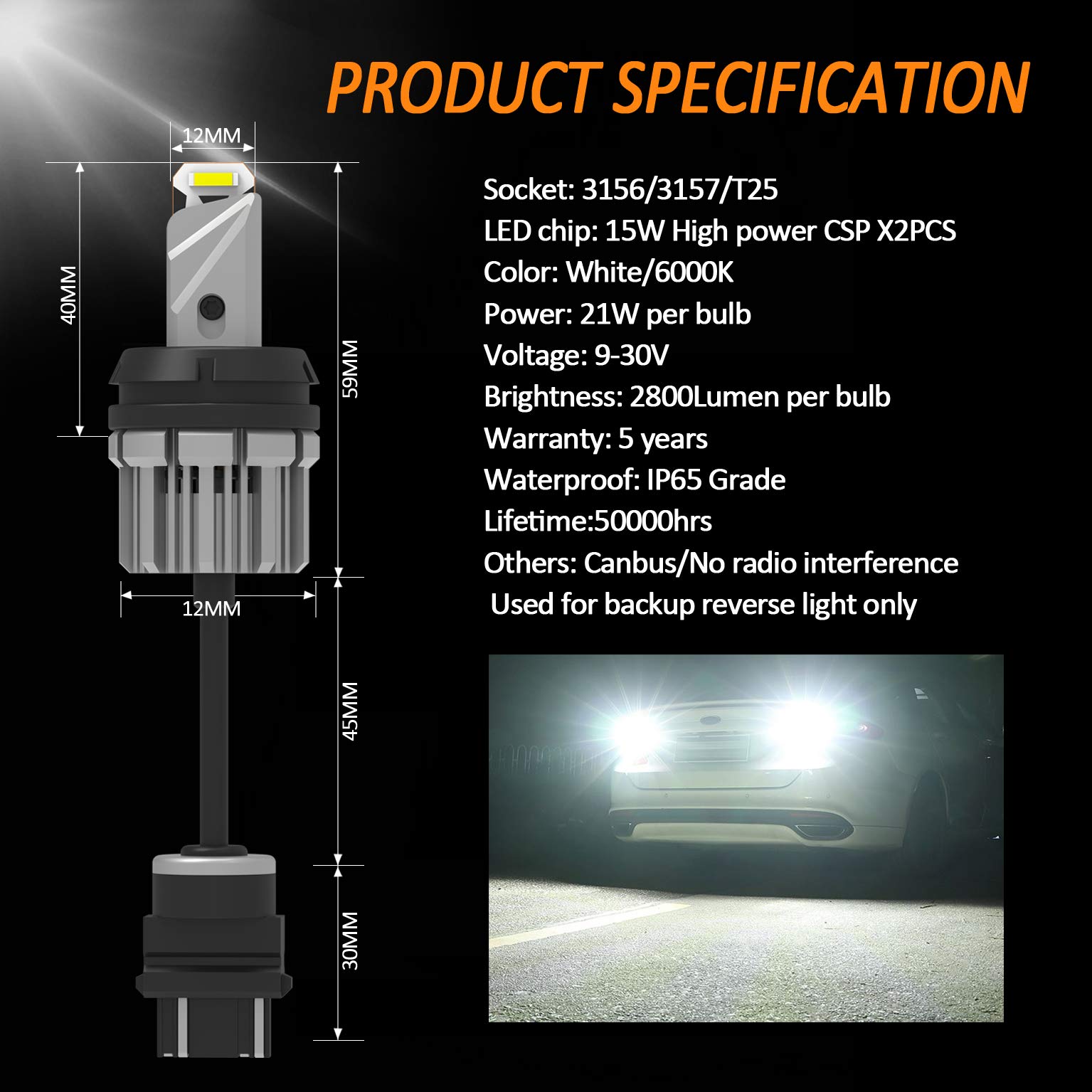 D-Lumina 3156 3157 LED Backup Reverse Light Bulbs - 5600 Lumens, 21W, 2-SMD CSP Chips, 6000K White, Canbus Error Free, Plug & Play - Compatible with 3056 3057 3457 4157 - Perfect for Car & Truck Reverse Lights (Pack of 2)