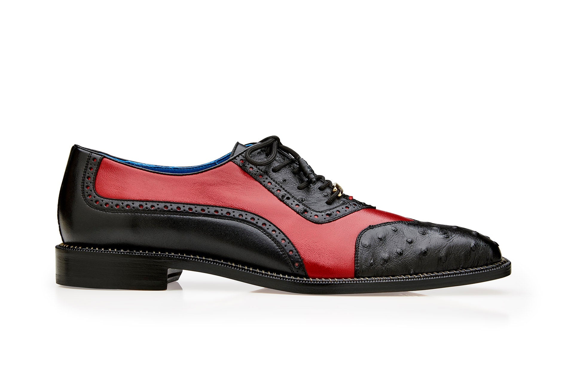 Belvedere Sesto Genuine Ostrich Quill & Italian Leather Wingtip Dress Shoes for Men - Black/Red Size R54 | Luxury Formal Shoes for Weddings, Business Meetings & Special Occasions