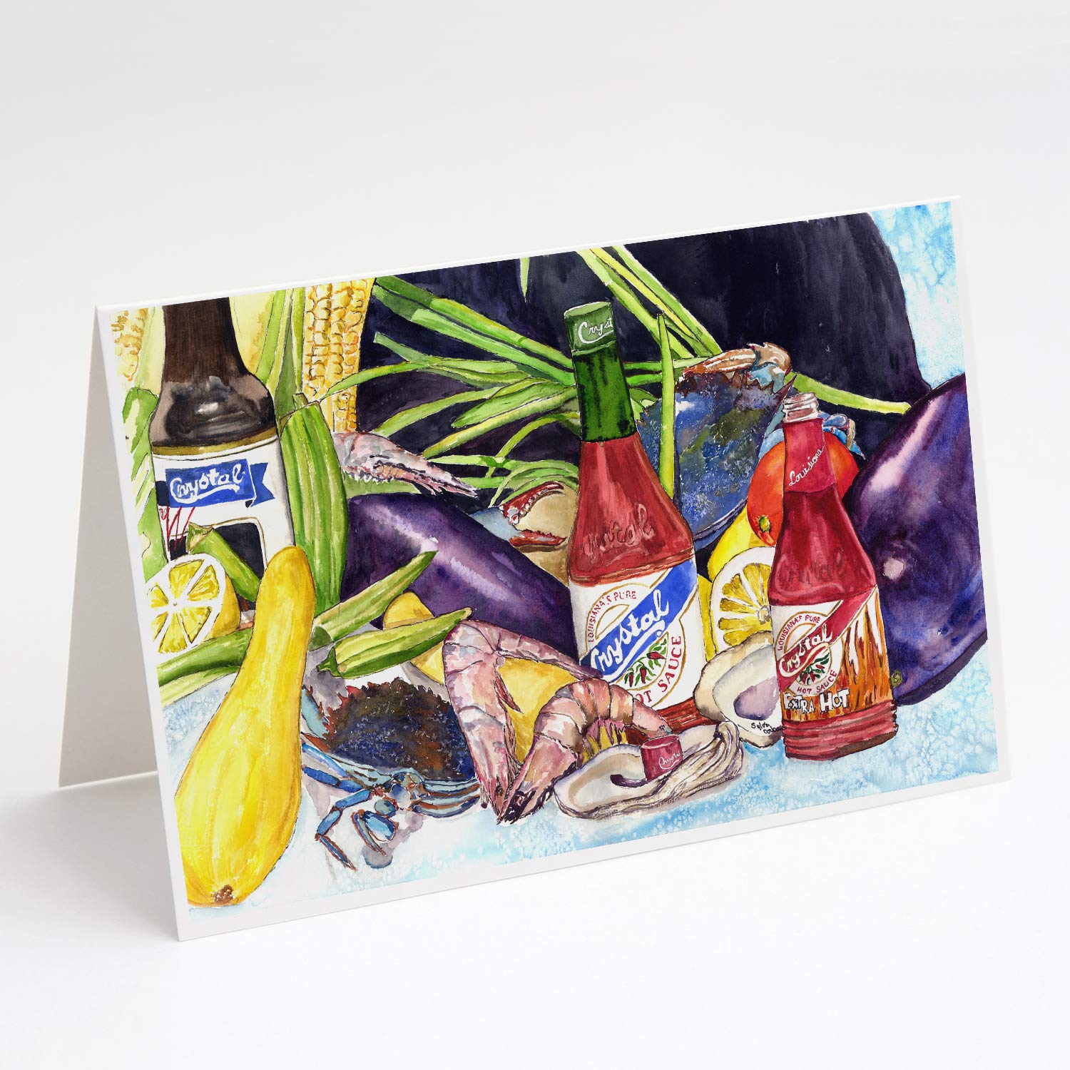Crystal Hot Sauce with Seafood Greeting Cards - Pack of 8 Blank A7 Note Cards (5x7) with Envelopes | Whimsical Design for Birthday, Thank You & Holiday Cards | Perfect for Food Lovers & Seafood Enthusiasts
