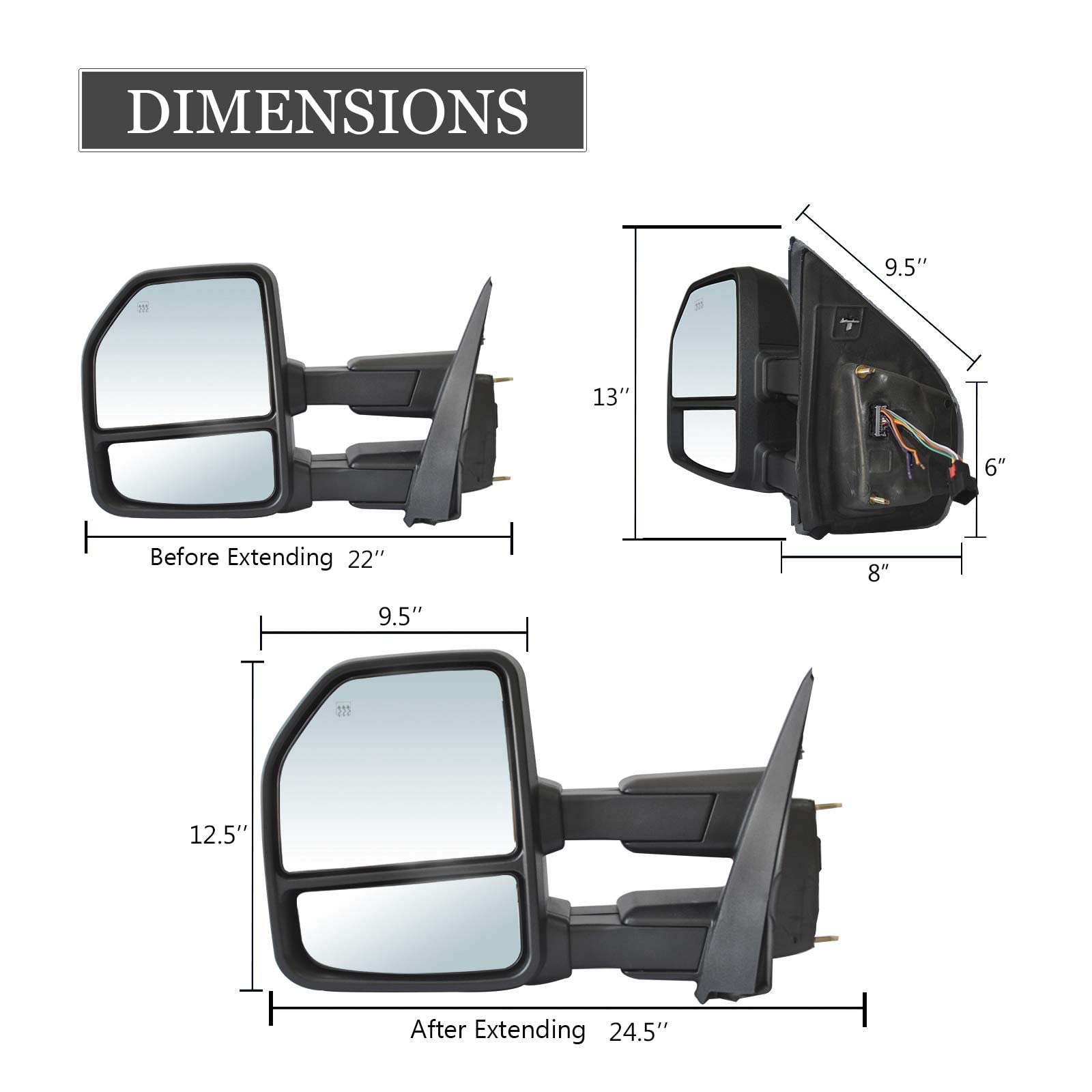 Heated Power Towing Mirrors for Ford F150 (2015-2020) - Chrome Cap, Turn Signal Lights & Temperature Sensor, 8-Pin Plug - Perfect for Towing Trailers, Campers & Heavy Loads