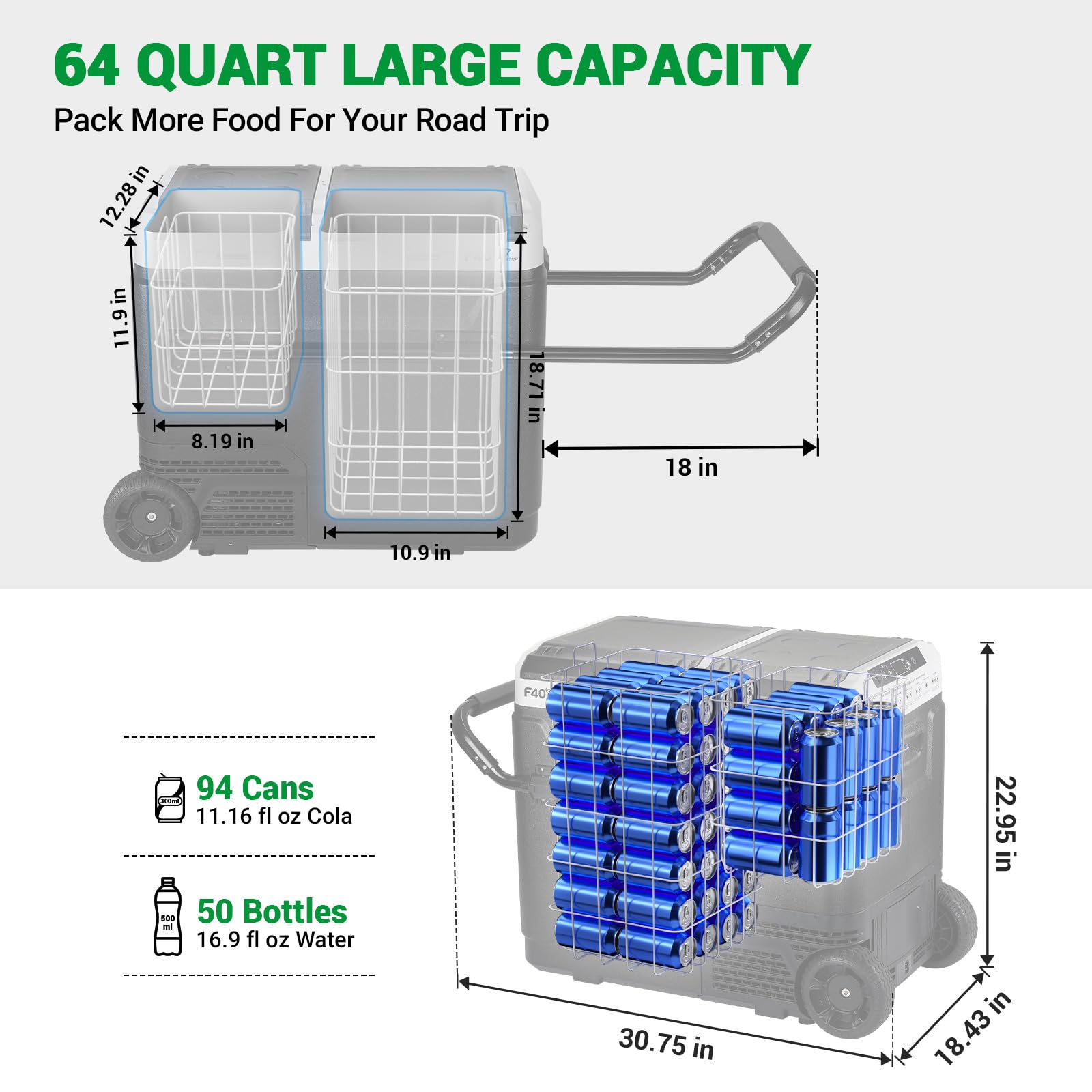 12V/24V DC & 110V AC 64QT Portable Car Refrigerator Freezer - Dual Zone Independent Temperature Control (-4°F to 68°F), 61L Compressor Cooler with Wheels & 2 Baskets for Camping, Road Trips, RV, Tailgating, and Outdoor Adventures