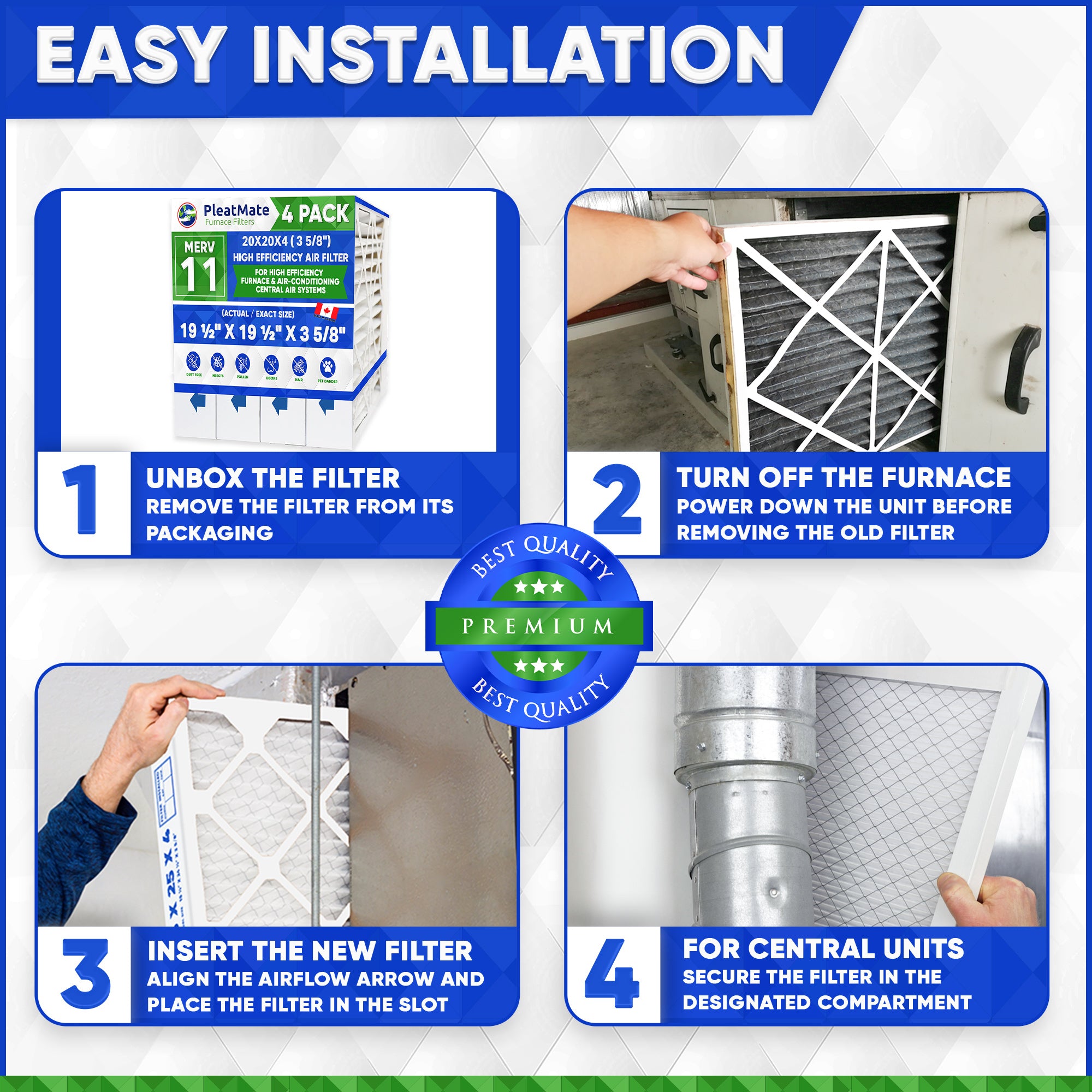 20x20x4 MERV 11 Pleated Air Filters - 4 Pack | High Efficiency Furnace & AC Filters for Home HVAC Systems | Traps Dust, Pollen & Allergens | Perfect for Allergy Sufferers & Pet Owners