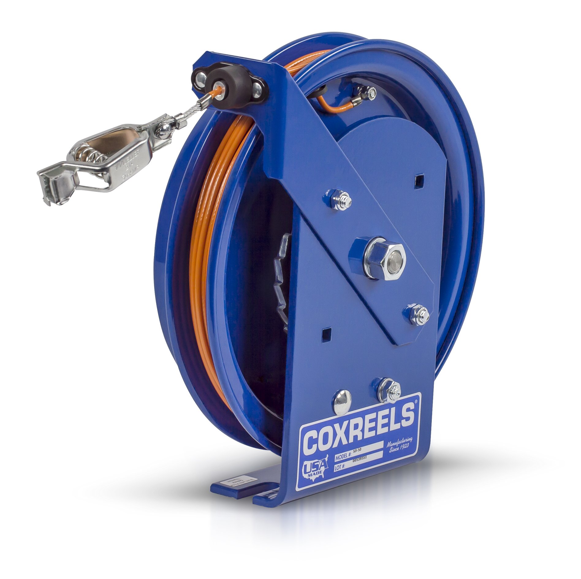 SD-50 Retractable Static Discharge Cable Reel | Heavy Duty Steel Construction | 50ft Length | Easy Maintenance Compact Design | Made in USA | Blue - Perfect for Industrial Workplaces, Manufacturing Facilities & Hazardous Environments