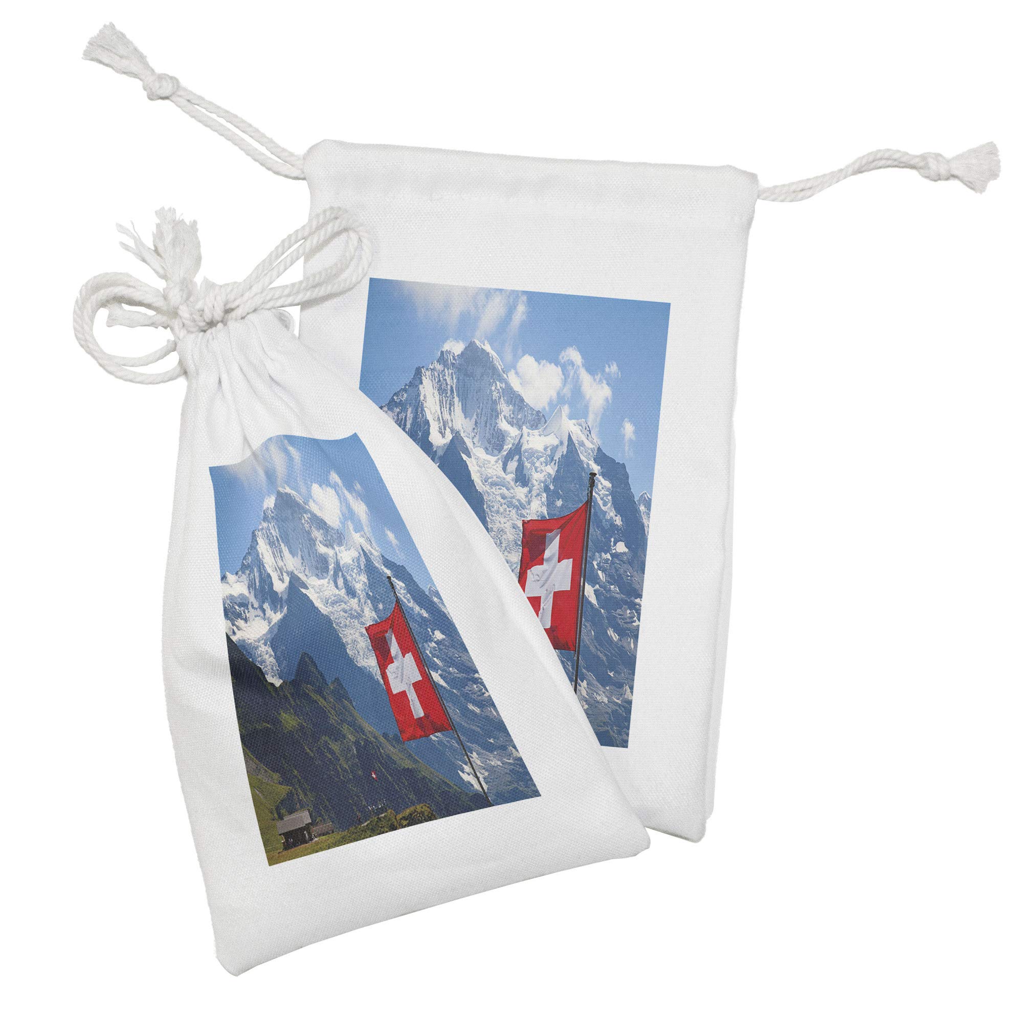 Ambesonne Switzerland Fabric Pouch Set of 2 - Swiss Alps Mountain Landscape with Snow & Flag Design, Small Drawstring Bags for Travel Toiletries, Makeup, Jewelry & Party Favors (9