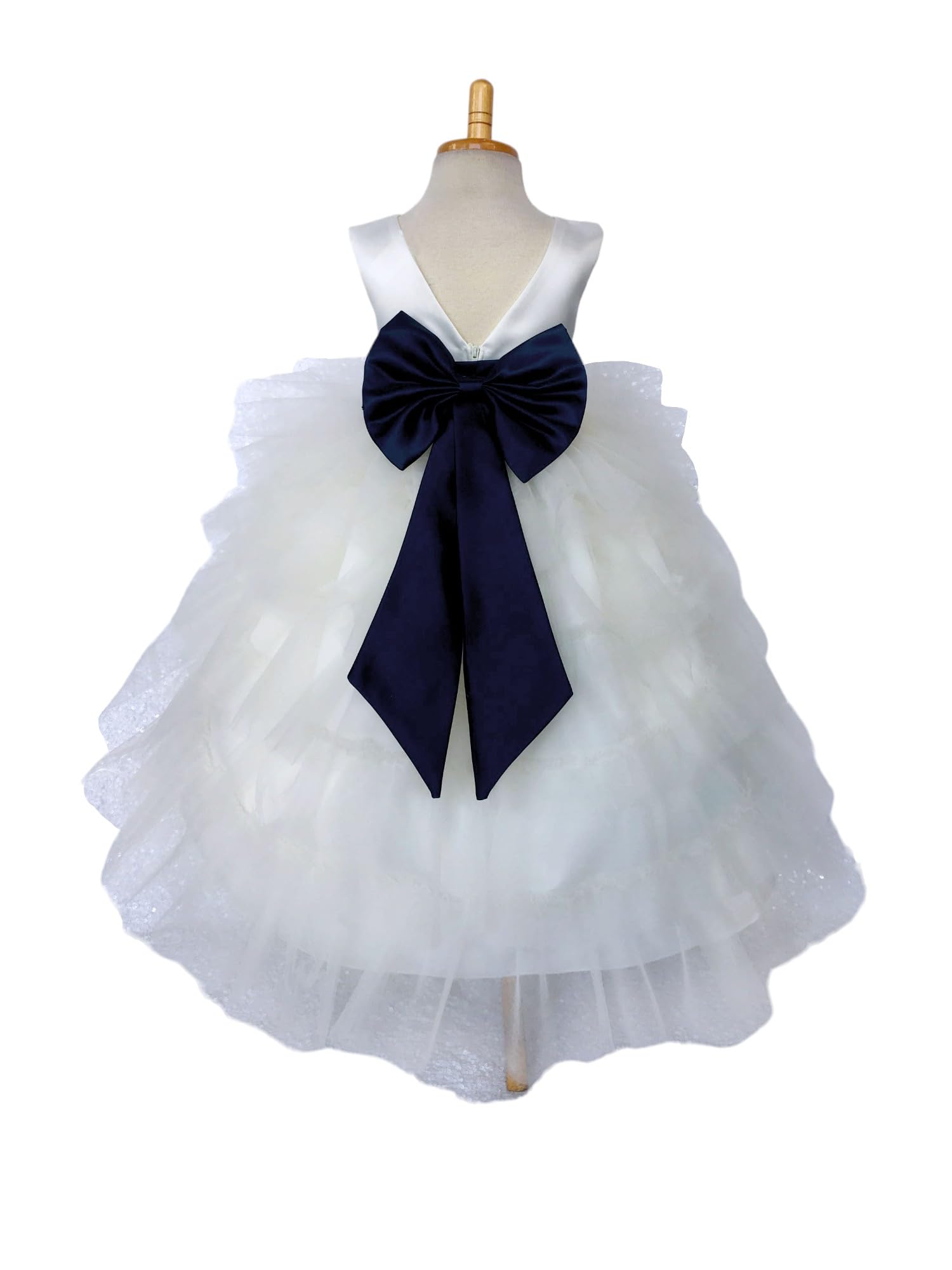 Ivory Sleeveless High-Low Tulle Flower Girl Dress with Ruffle Trim - Perfect for Weddings, Birthday Parties & Special Occasions (Size 16, Includes Navy Blue Accessories)