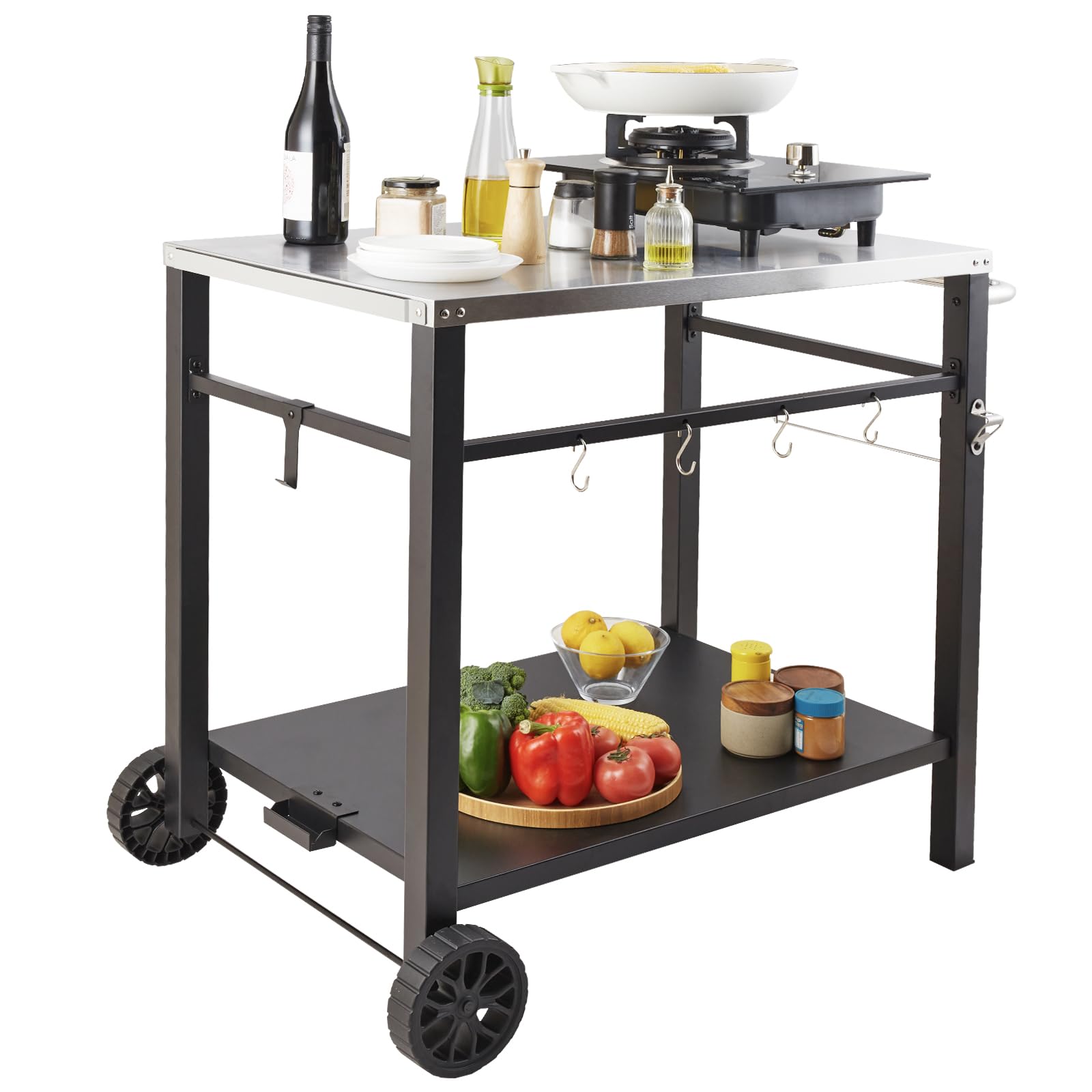 VEVOR Stainless Steel Outdoor Grill Cart with Double Shelves - Portable BBQ Prep Table with Wheels & Handle for Pizza Oven, Camping & Backyard Cooking - Heavy Duty Mobile Workstation for Patio, Garden & Tailgating Parties