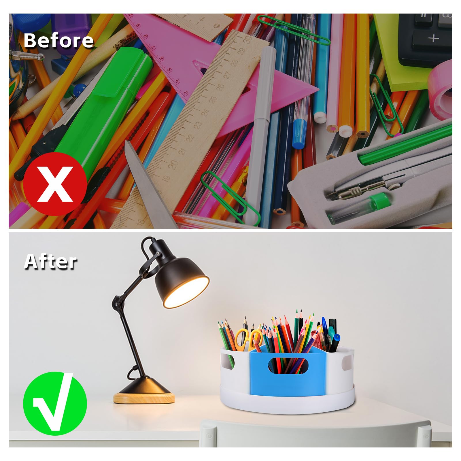 360° Rotating Kids Art Supply Organizer - Crayon, Marker & Pencil Holder for Desk - Classroom Storage Caddy for Teachers & Students - Blue (Perfect for Homeschool, Art Class & Craft Room Organization)