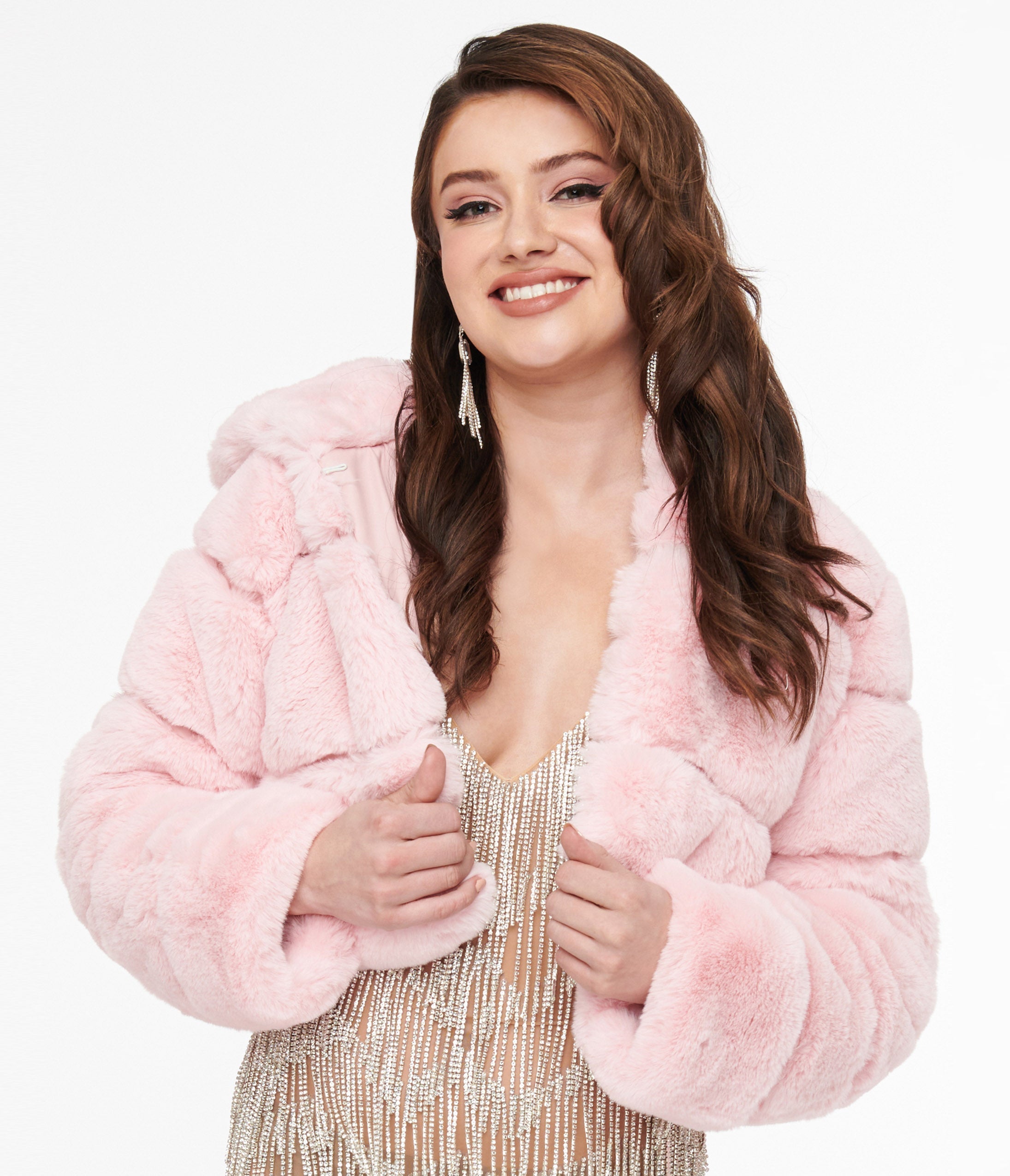 Stylish Pink Faux Fur Puffer Crop Jacket for Women - Trendy Winter Outerwear for Casual Outings & Date Nights