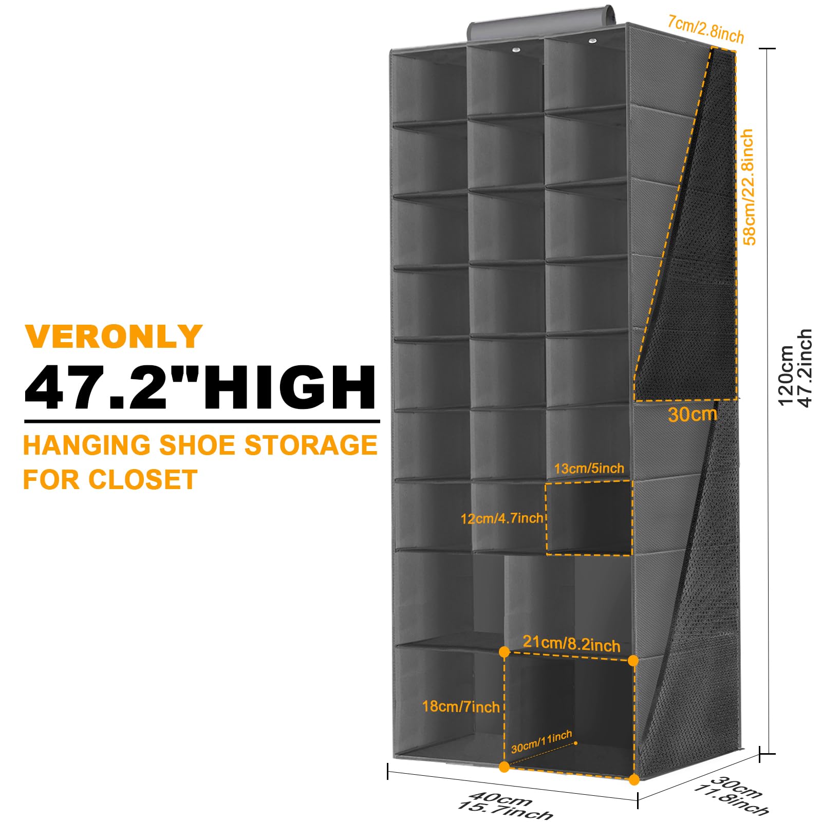 Space-Saving Hanging Shoe Organizer for Closet - 25-Pocket Collapsible Shoe Storage Rack with 4 Large Side Pockets | Perfect for Organizing Shoes, Hats, Clothes & Accessories | Ideal for Small Closets, Dorm Rooms & Apartment Storage (Gray)