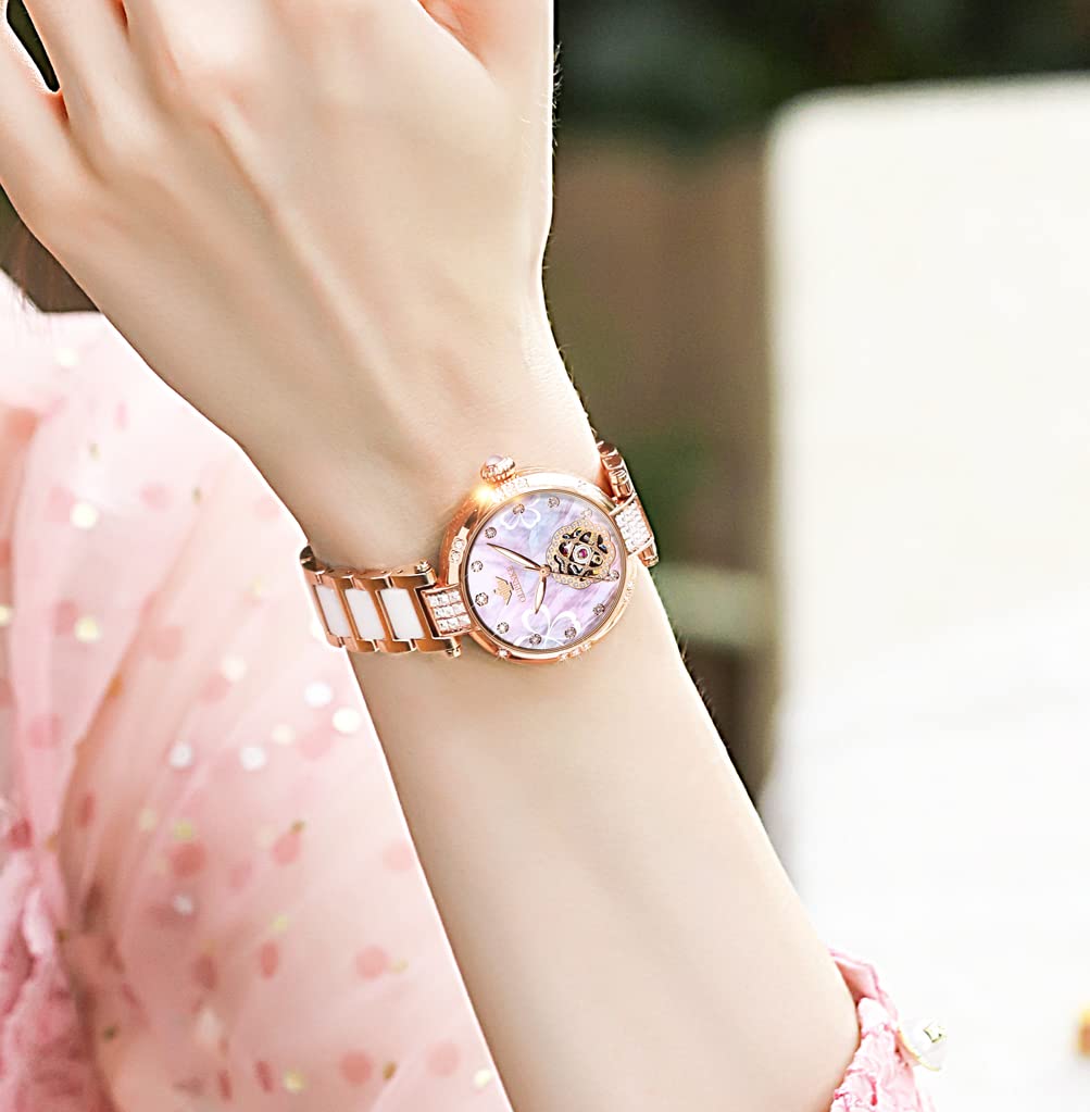OUPINKE Women's Automatic Diamond Watch - Elegant Skeleton Mechanical Self-Winding Waterproof Luminous Dress Watch for Women | Perfect Gift for Her, Office Wear & Special Occasions