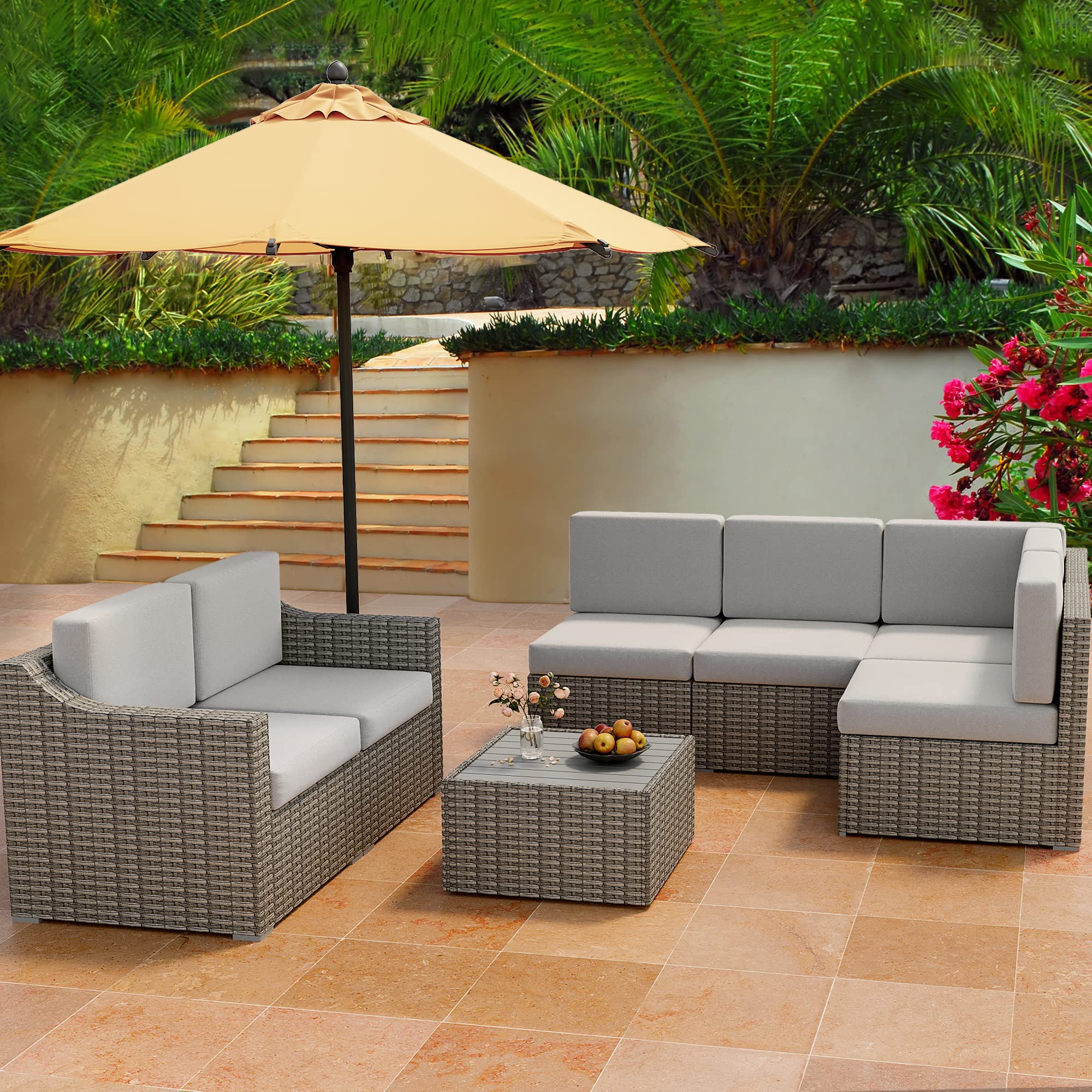 HAPPATIO 7-Piece Patio Conversation Set - All-Weather Rattan Wicker Outdoor Sectional Sofa with Multiple Combination Options (Gray/Beige) - Perfect for Backyard, Garden, Poolside, and Patio Relaxation