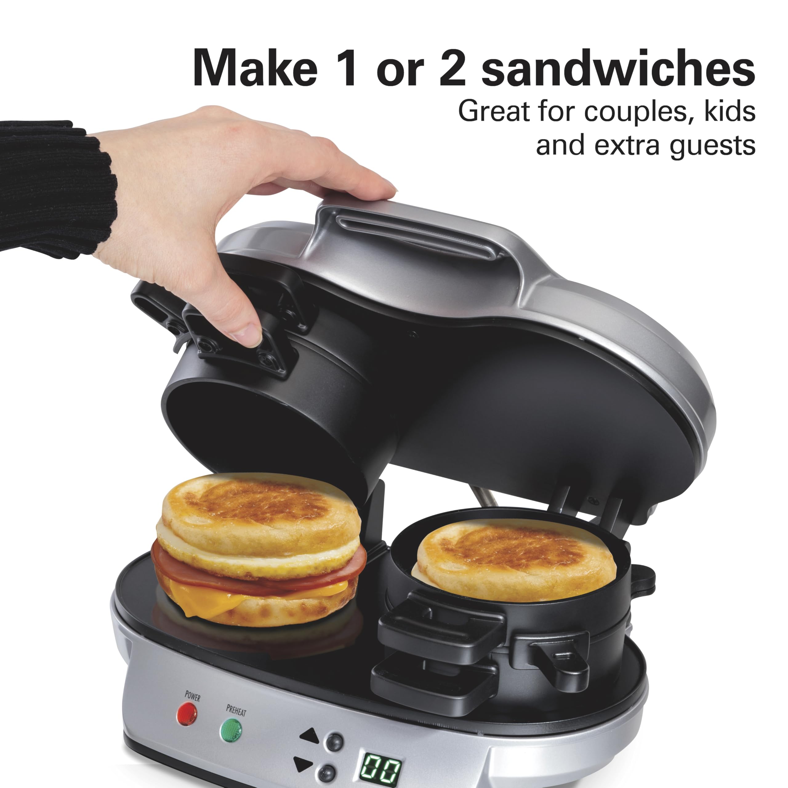 Hamilton Beach 25490A Dual Breakfast Sandwich Maker with Timer - Silver | Quick & Easy Breakfast Solution for Home, Office, or Dorm | Perfect for Eggs, Cheese & Bacon Sandwiches
