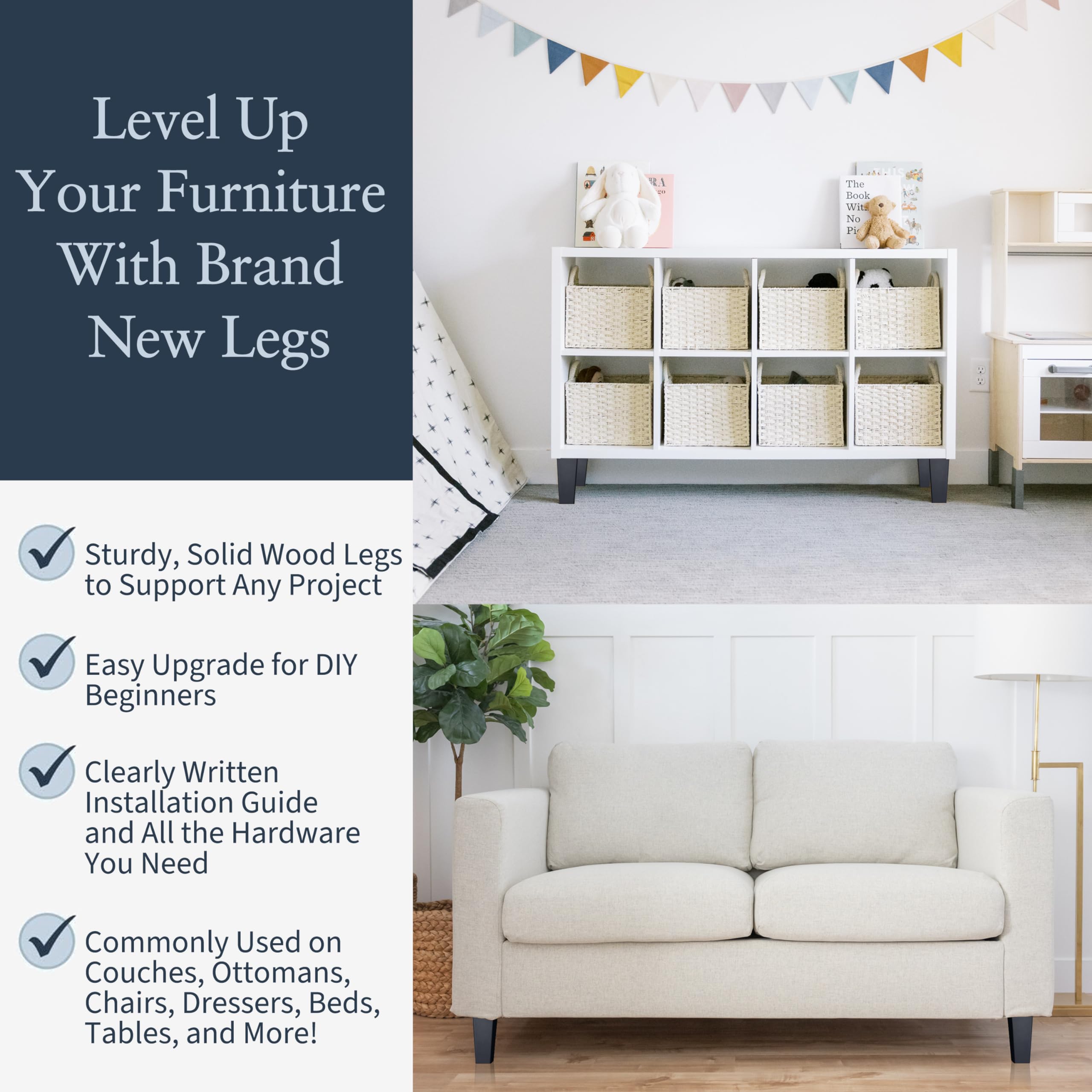 4 Pack Black Square Furniture Legs - Adjustable Height & Multiple Color Options for Sofa, Table, and Cabinet Replacement