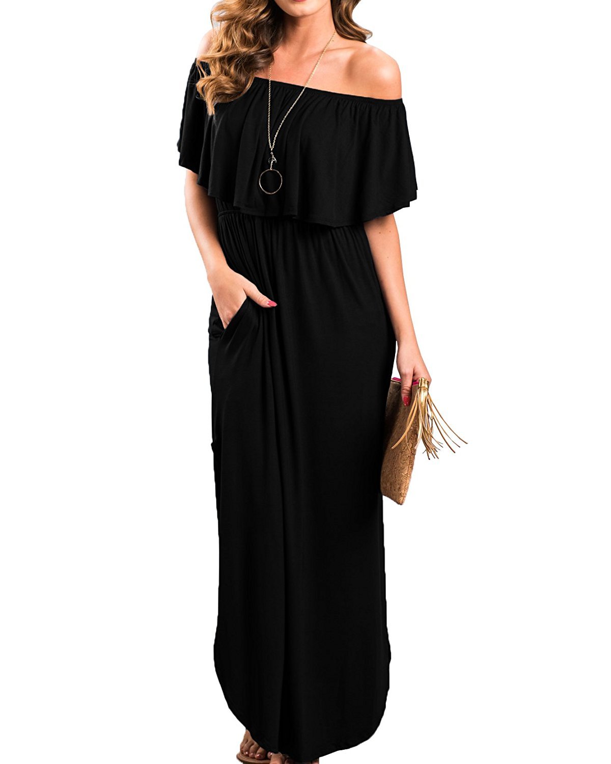 LILBETTER Women's Off The Shoulder Ruffle Party Dress with Side Slit - Flowy Beach Maxi Dress for Summer Vacations, Weddings & Date Nights