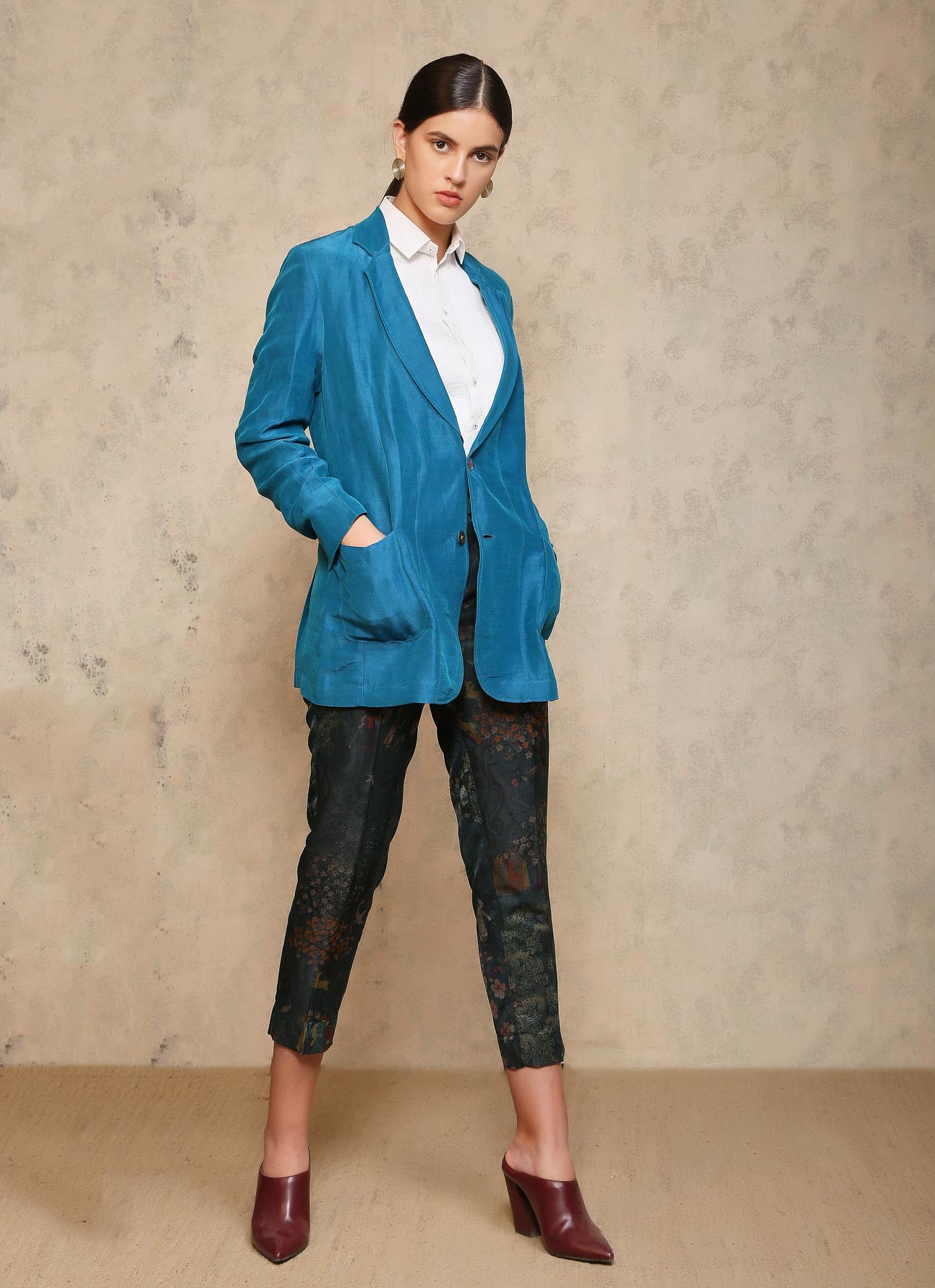 Rana Women's Turquoise Blazer - Satin Silk Linen Blend Jacket for Office, Wedding & Special Occasions